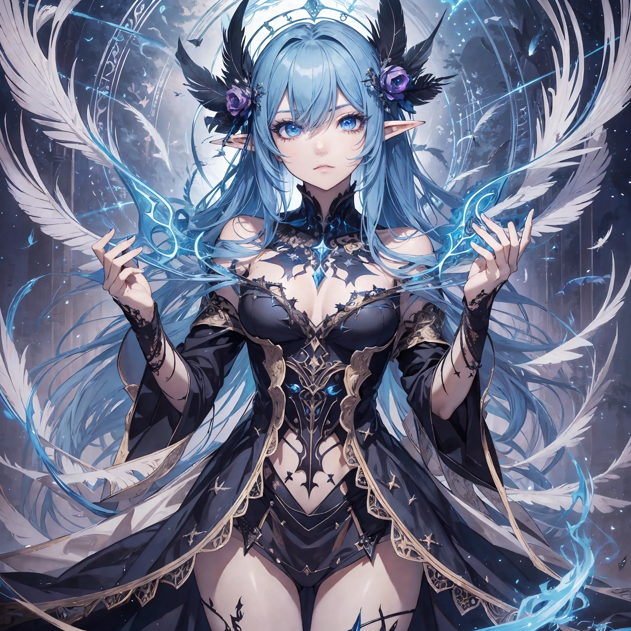death, blood, night, darkness, (fantasy), infinity, deep blue sky, abyss of knowledge, knowledge, ((masterpiece)), (ultra-detailed))), ((beautiful and detailed eyes)), (eyelashes), (1 woman), full body drawing, anime style, design drawing, long hair, abyss eye, (bird body, feathers), rags, treachery, elf, ultra-fine CG unity 8k wallpaper, masterpiece, ((super detailed)), ((illustration)), dazzling, wallpaper, energy, unknown horror, arcane, magic peripheral, magic surrounding, magic wand, book pages, flying in the sky, knowing the future, predicting the future, understanding the past, infinite wisdom, blue flame, warlock, magic array, pentagram, spell, mantra, singing magic, --auto --s2