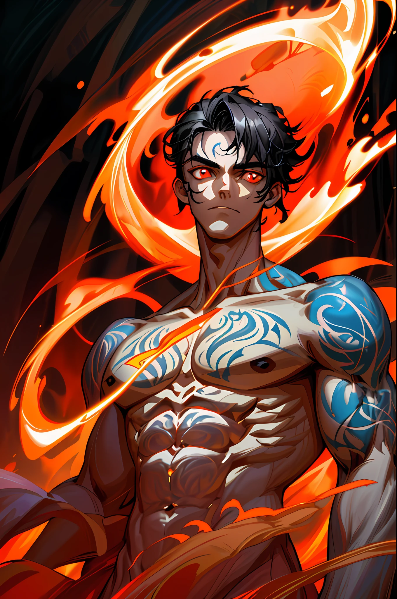 8k, complex, elegant, highly detailed, majestic, digital photography, surrealist painting, beating magic, winding flame, (masterpiece, side light, fine beautiful eyes: 1.2), HDR, (glowing red eyes)), naked upper body, (glowing tattoo), handsome boy, black hair, muscles, raining, handsome, facing the camera, masterpiece