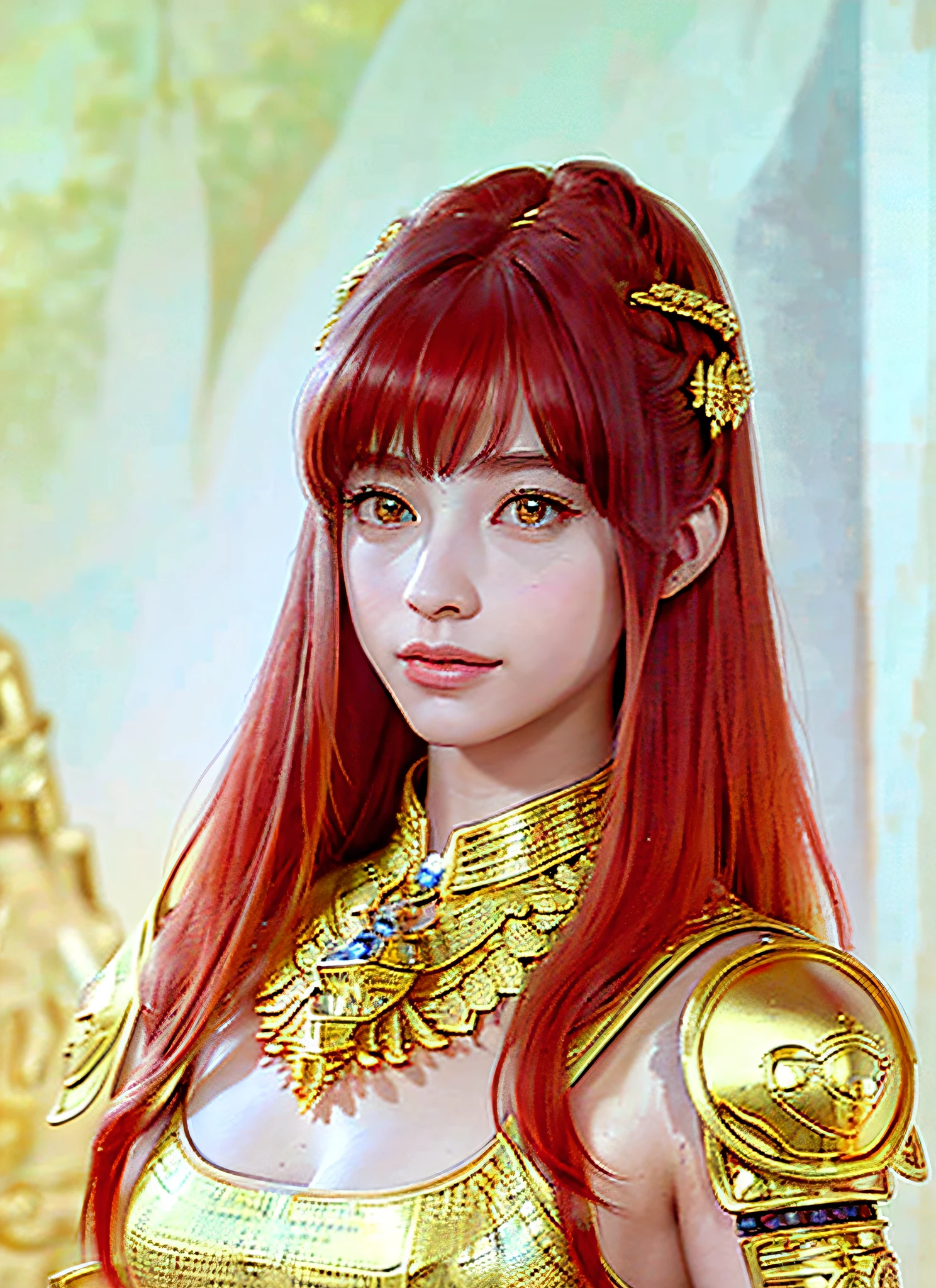 (Realistic, Portrait: 1.3), Intricate Detail, Colossal, Micro Bikini, Intricate Detail Jewels (Detailed Women's Armor: 1.3), (Gorgeous Gold Armor: 1.2), 1 Girl, Solo, Long Hair, Wind, Gorgeous Face, Top Quality, Masterpiece, Maximum Detail, Diffused Lighting, (Red Hair: 1.3), Valhalla Valkyrie, Mechanical Arm,