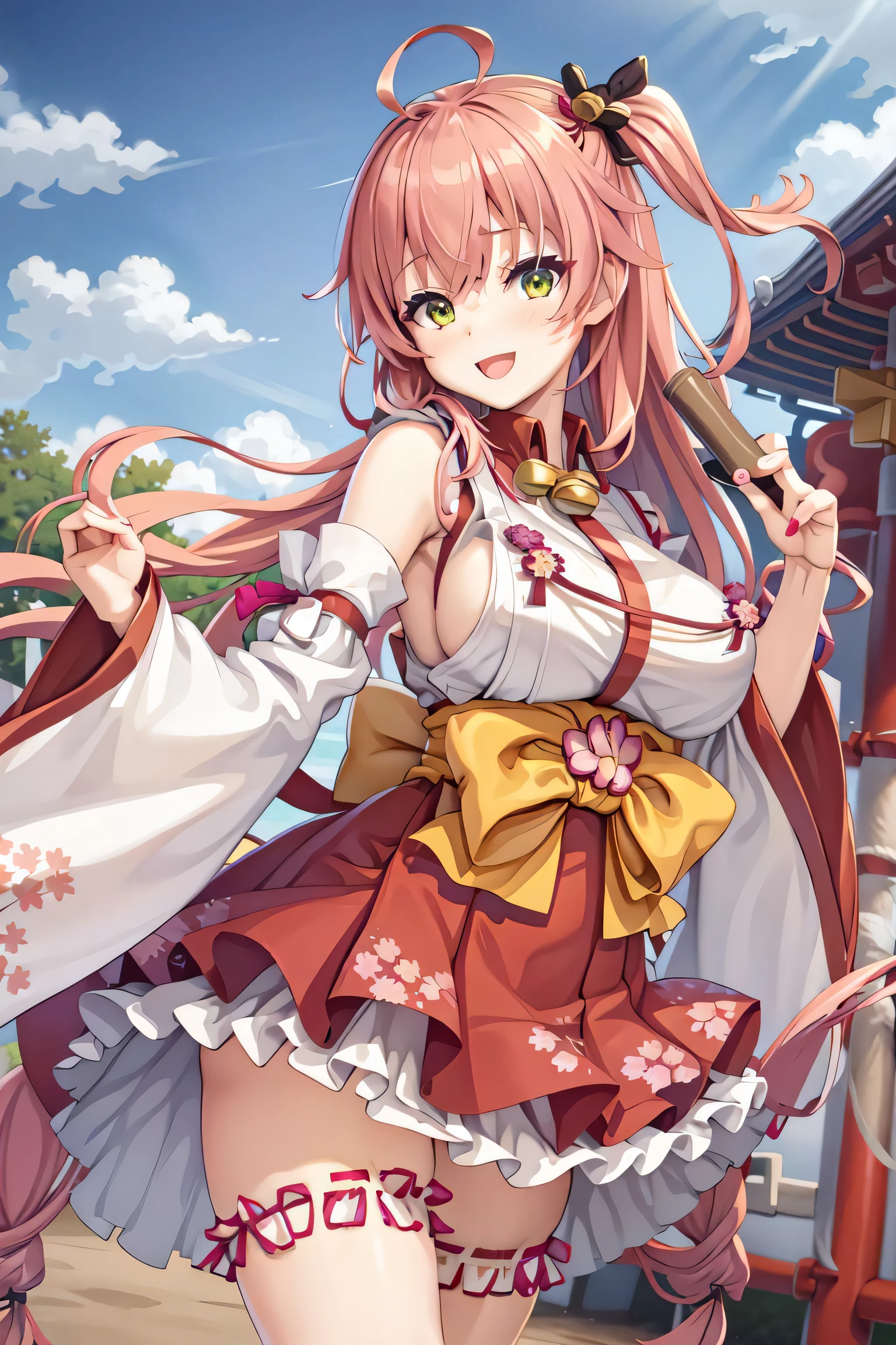 1girl, solo, best quality, miko_jp, yellow bow, japenese clothes, pink hair, green eyes, ahoge, one side up, huge breasts, wide sleeves, thighhighs, floral print, hair bell, bridal garter, detached sleeves, hair ornament,  outdoors, japenese temple, smile, open mouth,