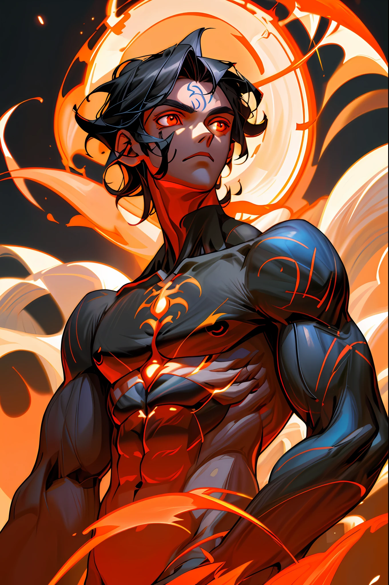 8k, complex, elegant, highly detailed, majestic, digital photography, surrealist painting, beating magic, winding flame, (masterpiece, side light, fine beautiful eyes: 1.2), HDR, (glowing red eyes)), naked upper body, (glowing tattoo), handsome boy, black hair, muscles, raining, handsome, facing the camera, masterpiece