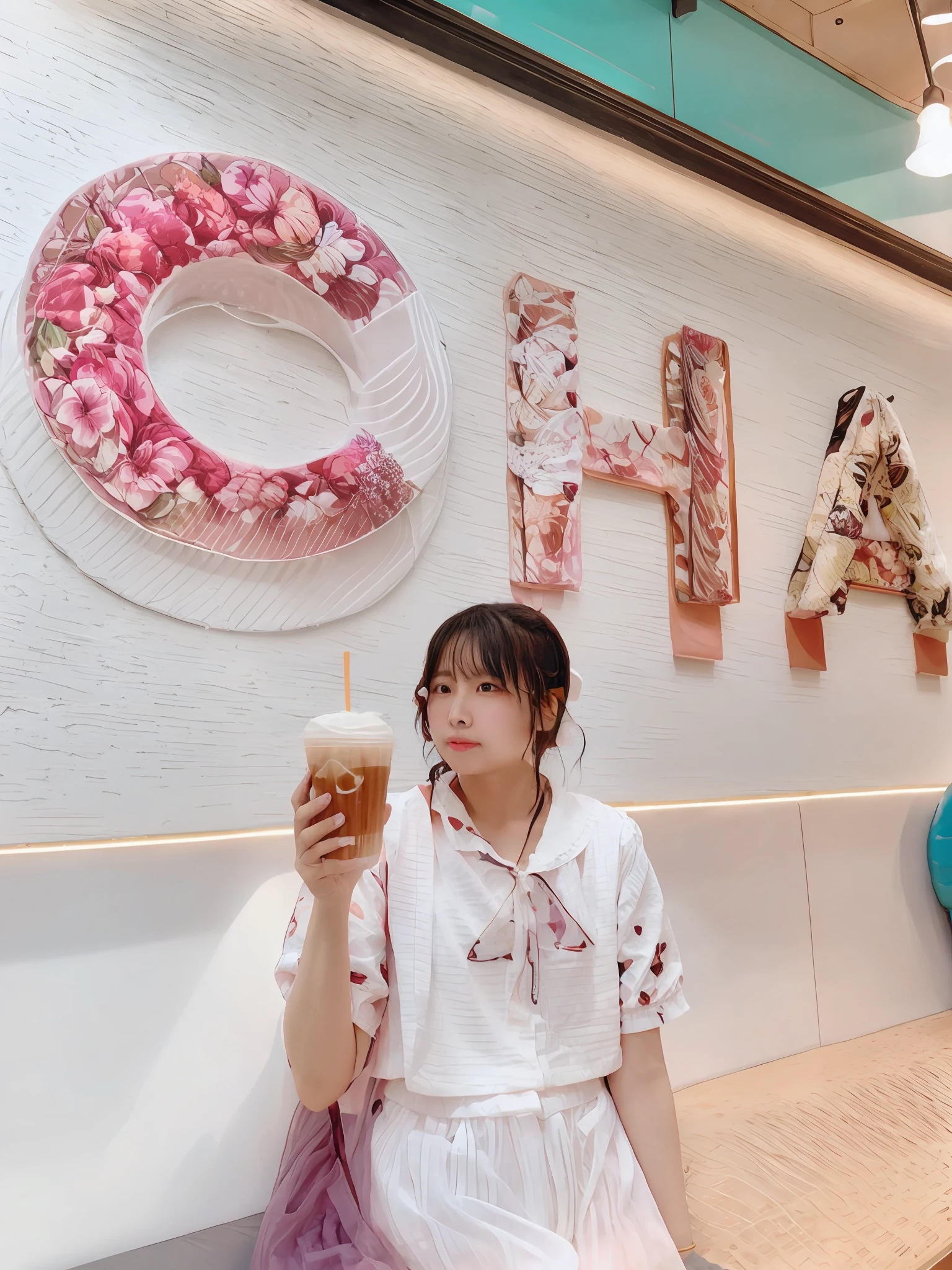 there is a woman sitting on a couch holding a cup, bbwchan, drinking a strawberry iced latte, holding a boba milky oolong tea, chiho, drinking boba tea, colored milk tea, sha xi, omina tachibana, inspired by Cheng Shifa, in a coffee shop, choi, enjoying coffee at a coffee shop, wearing pink floral chiton --auto --s2