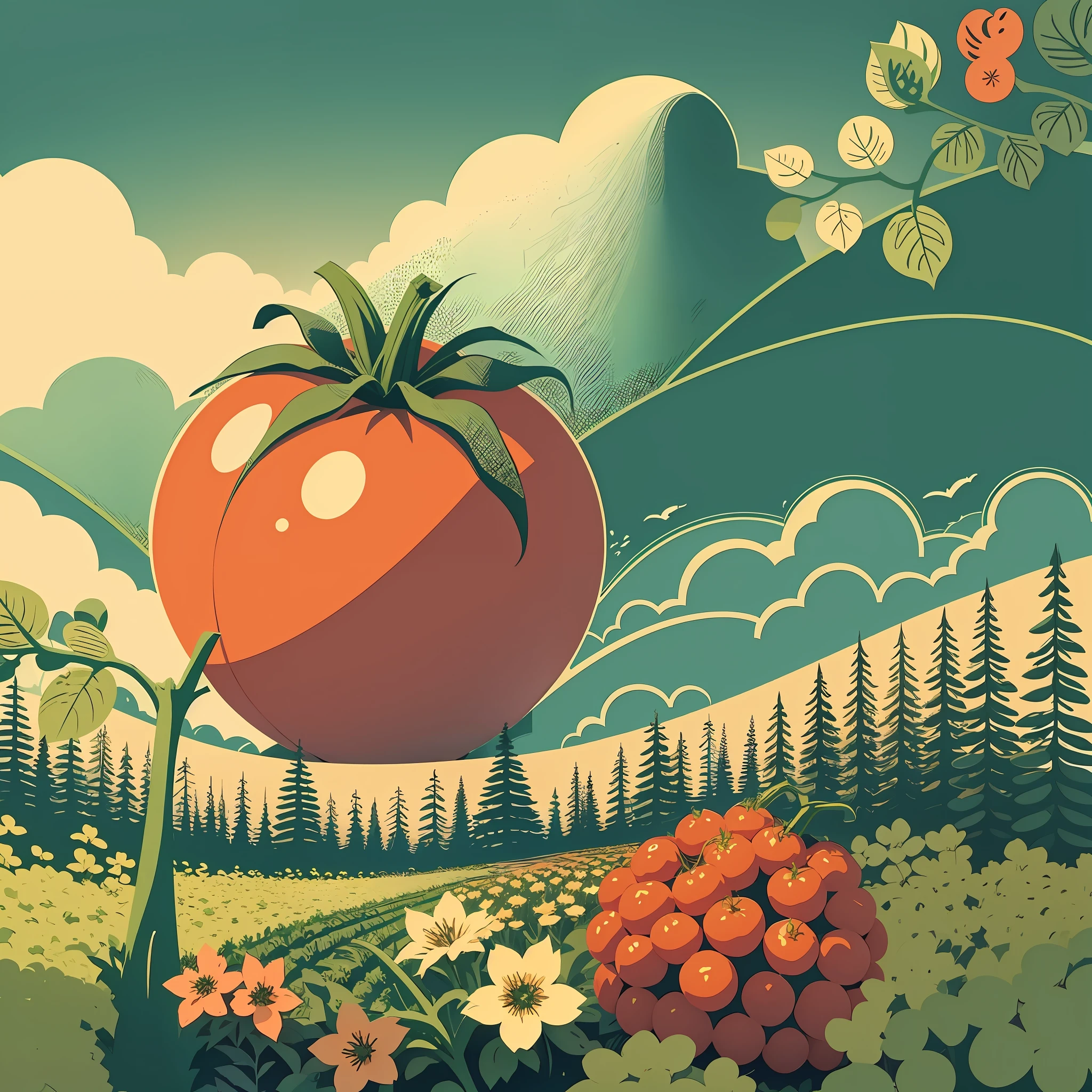 A tomato in spring landscape, poster design, rzminjourney, vector art --auto --s2