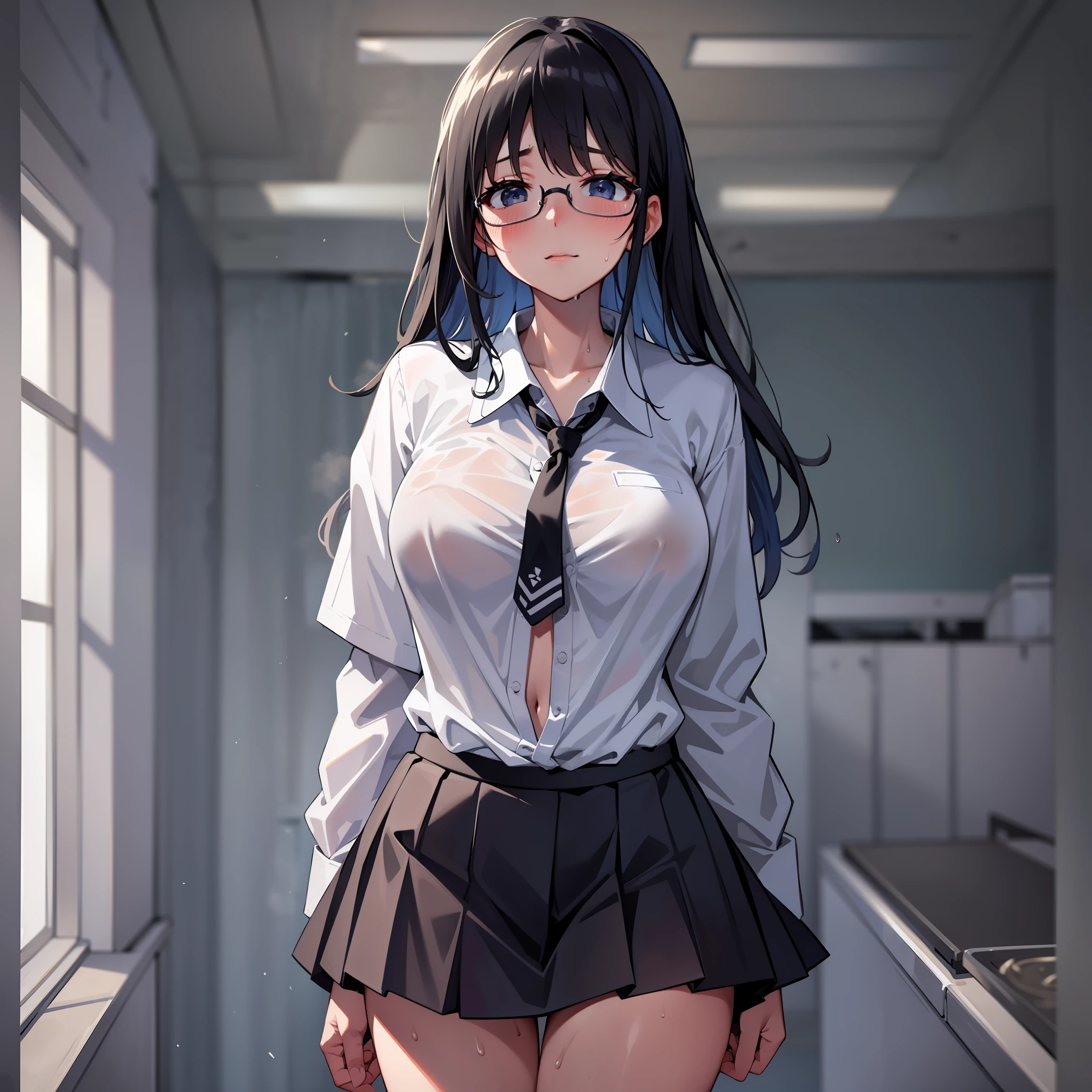 realistic, masterpiece, best quality, high definition, sa1, high school girl, single, solo, girls' changing room, sweat-soaked black hair, sweat-soaked school uniform, glasses, , white shirt, skirt, black skirt, open shirt, bra, sheer bra, navy blue high socks, sweat-wet skin