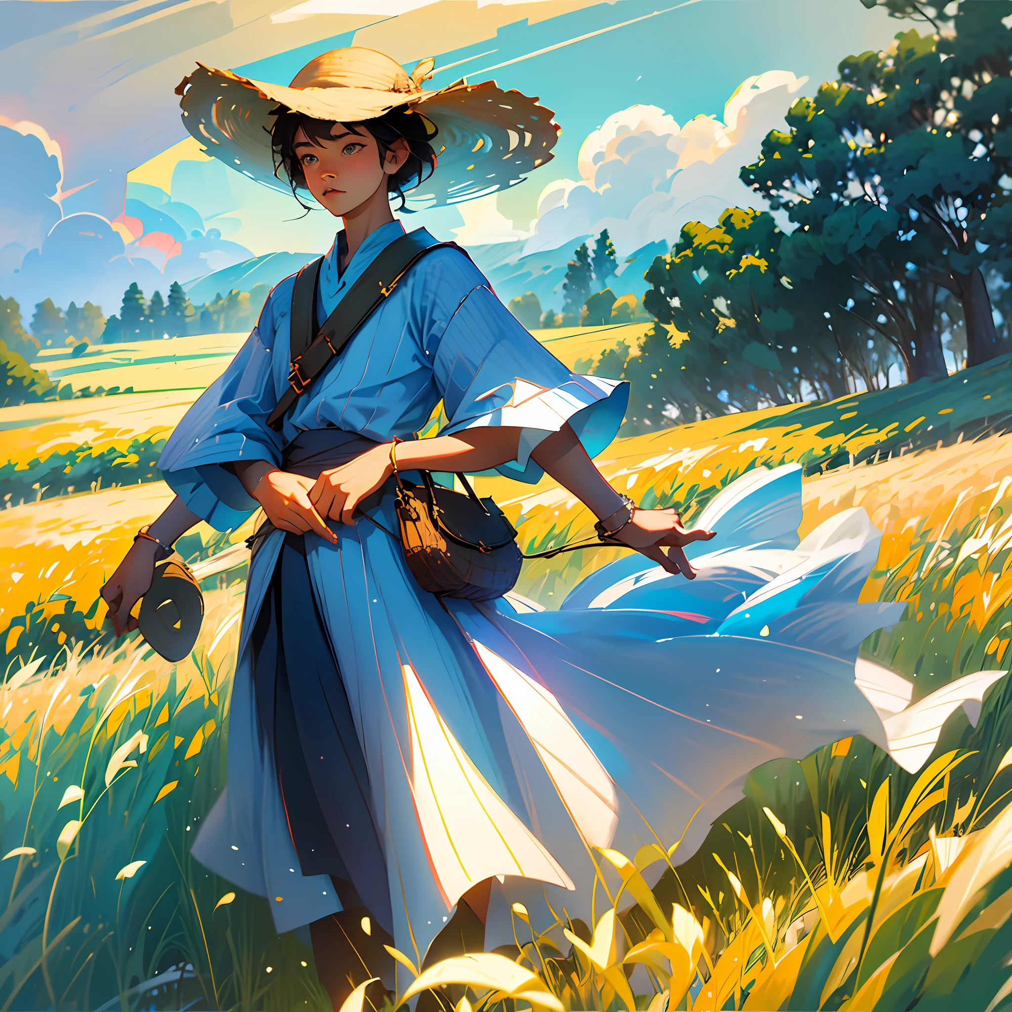 A peasant uncle with a straw hat stands in a wheat field, big clouds, blue sky, rice field, neat rice seedlings in the field, forest, hillside, secluded, countryside, HD detail, hyperdetail, cinematic, surrealism, soft light, deep field focus bokeh, ray tracing and surrealism. --v6