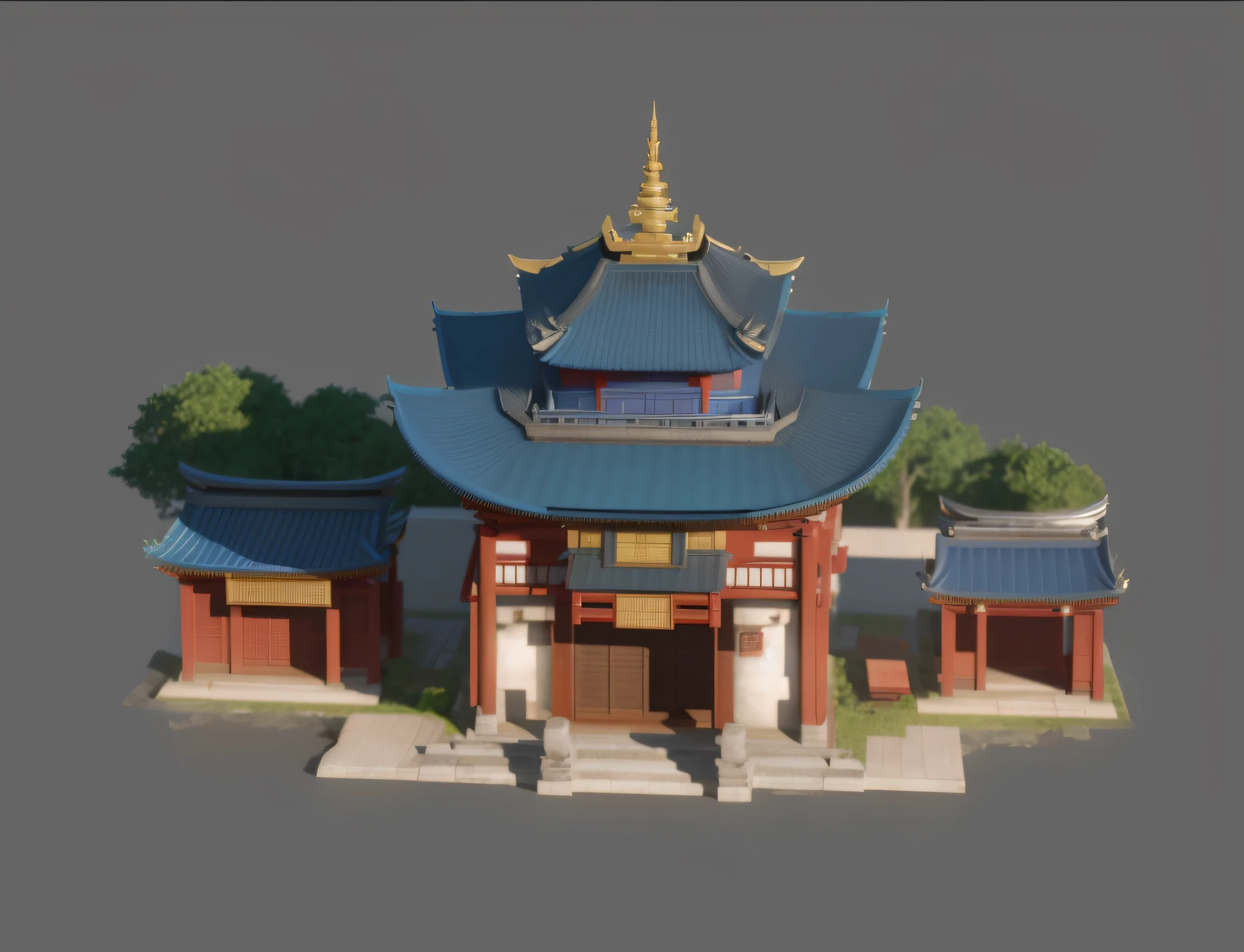 there is a small building with a blue roof and a red door, cyberpunk japanese temple, beautiful render of tang dynasty, rendered in lumion, rendered in unreal 5, rendered in unrealengine, rendered in lumion pro, japanese temple, temple, highly detailed render, fully detailed render, buddhist temple, rendered in unity 3 d, rendered on unreal 3 d