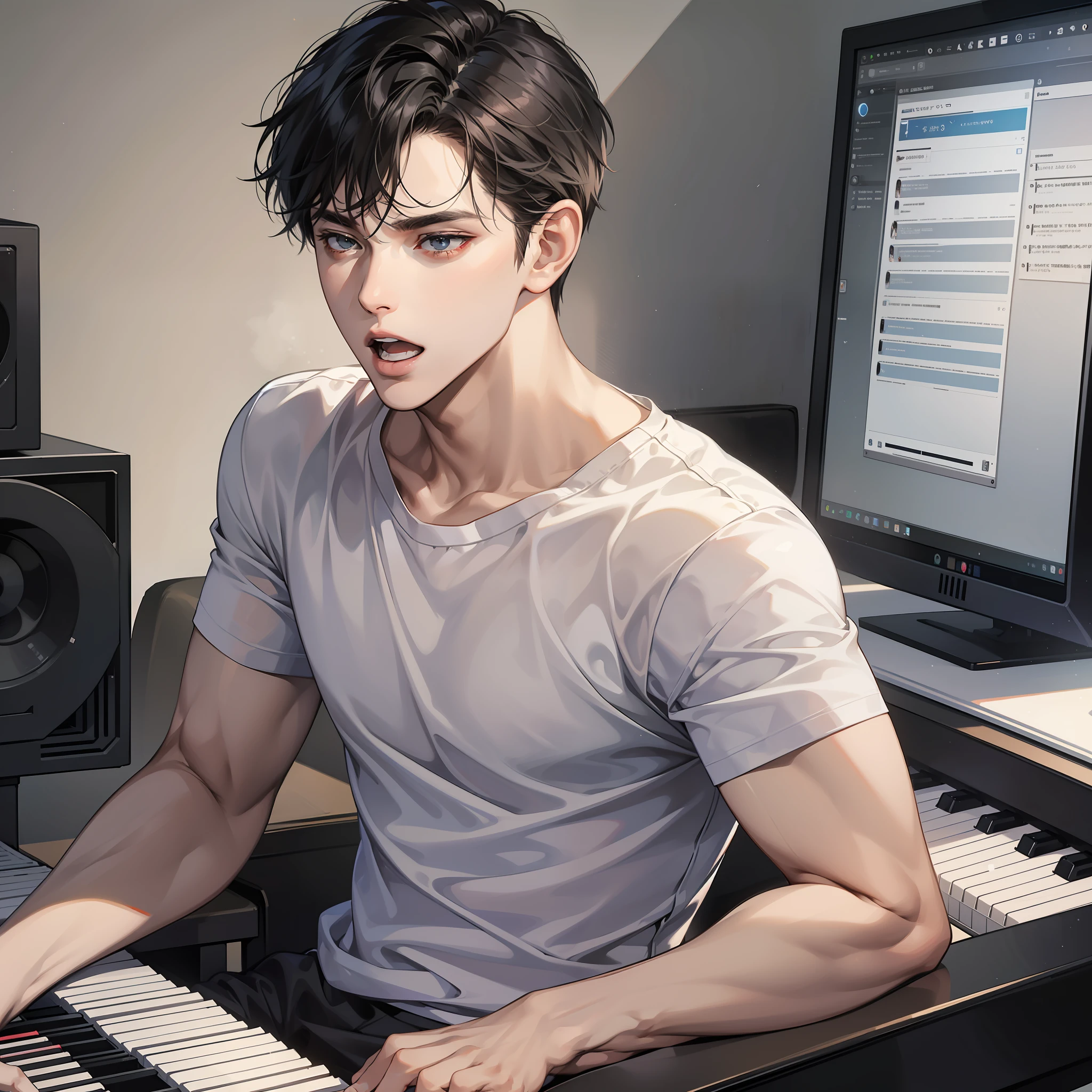 Masterpiece, high quality, best quality, HD, realistic, perfect lighting, detailed body, 1 man, short black hair, white t-shirt, serious expression, open mouth, singing, sitting playing piano, wearing headphones, facing the computer monitor, in the room waiting for the start