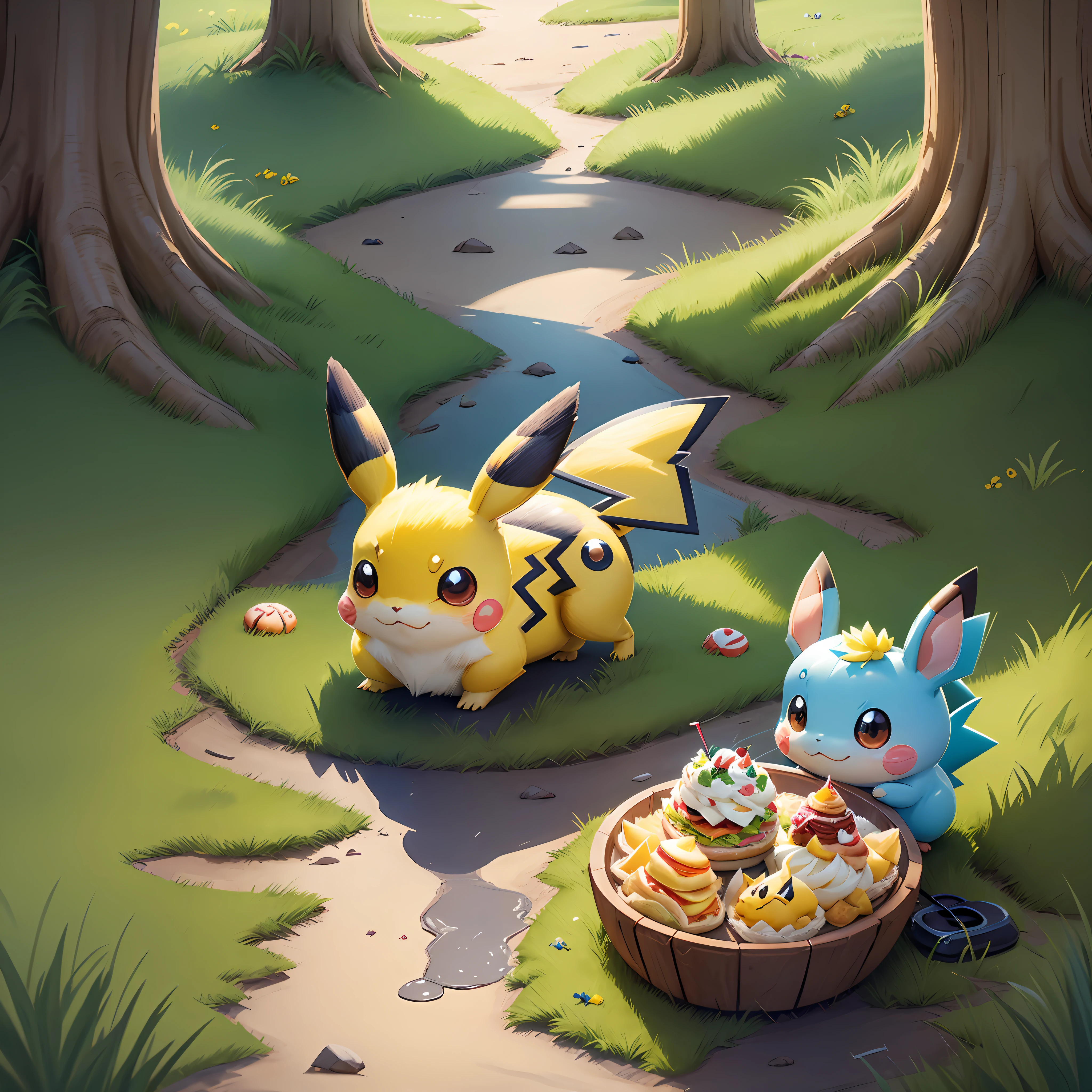 Pokemon Pikachu with sandwiches and drinks on the grass, Pikachu chasing hamburgers, illustration Pokemon, , Bread type Pokemon, Anime food, Cute Pokemon style, Pikachu concept art, Pikachu, cute mouse Pokemon, Sonic, Pikachu as human, Bun), Pokemon, 🐿🍸🍋 ❤🔥🍄🌪 Mika Pikazo --auto --s2