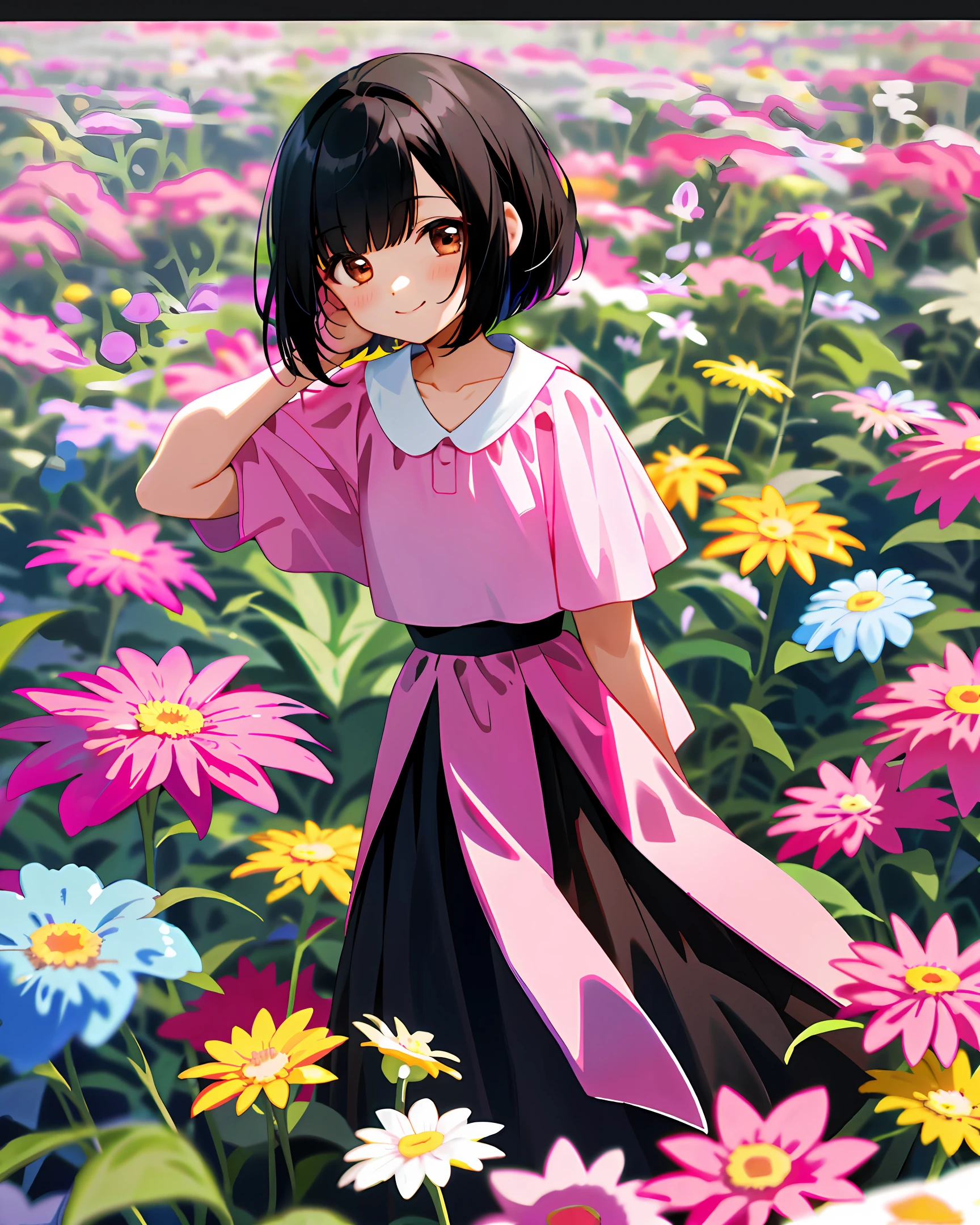 black hair, bob hair, girl, one, pink clothes, black skirt, flower garden, innocent smile, brown eyes, cute, 4k, high quality, two-dimensional