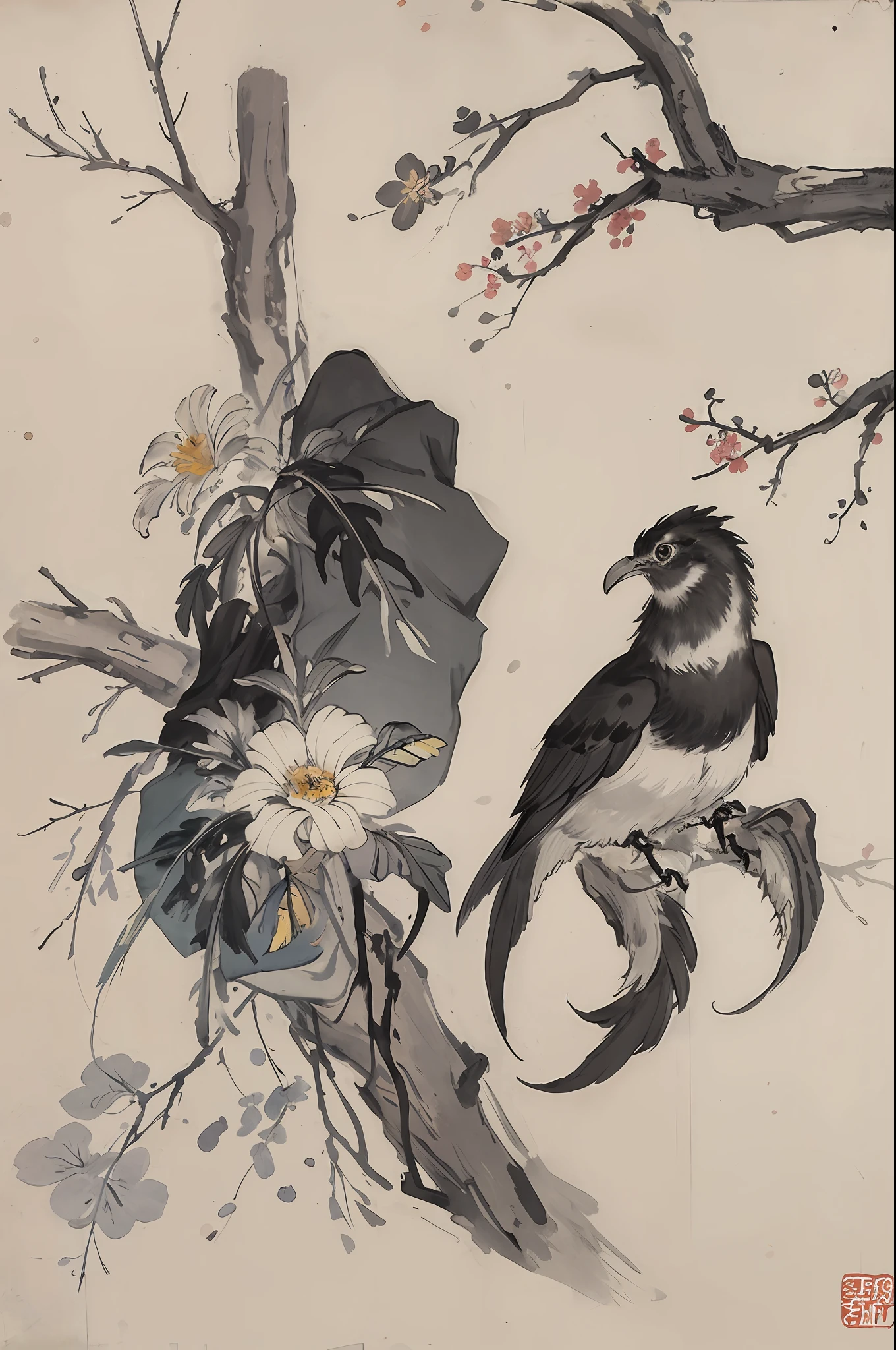 (Masterpiece, best quality: 1.2), traditional Chinese ink painting, flowers and birds