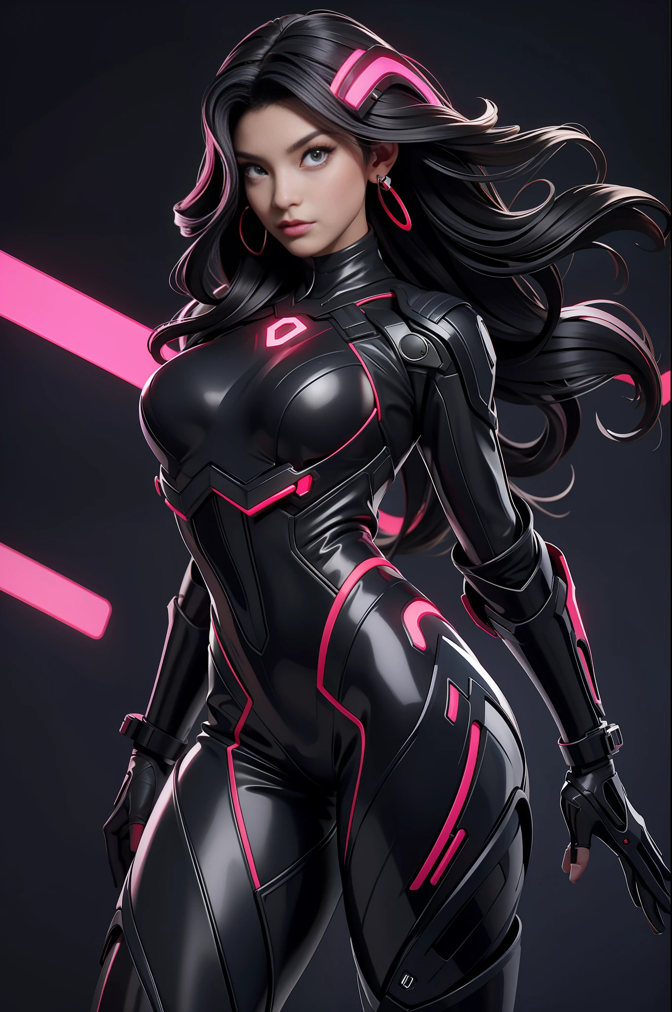 solo, super fine photo, portrait Unreal Engine 5 8K UHD of beautiful and aesthetic girl (girl: 1.3), gorgeous, black short wavy hair, red and black color scheme tight cybernetic latex catsuit, cyberpunk assassin, cybernetic helmet, earrings, cybernetic long heel, cybernetic long glove, futuristic design, magenta neon lights details, beautiful make up, best quality, masterpiece, official art, unified 8k wallpaper, super detailed, sharp focus, dynamic pose, body parts