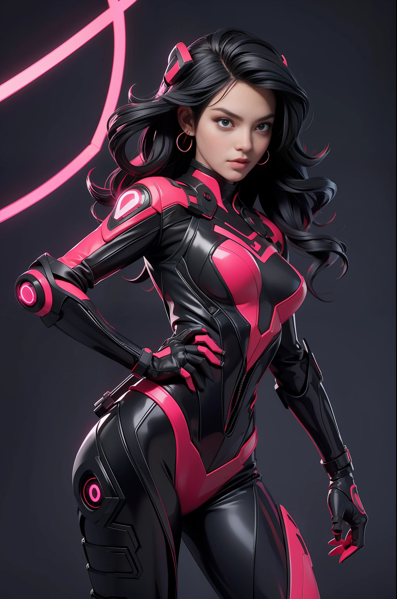 solo, super fine photo, portrait Unreal Engine 5 8K UHD of beautiful and aesthetic girl (girl: 1.3), gorgeous, black short wavy hair, red and black color scheme tight cybernetic latex catsuit, cyberpunk assassin, cybernetic helmet, earrings, cybernetic long heel, cybernetic long glove, futuristic design, magenta neon lights details, beautiful make up, best quality, masterpiece, official art, unified 8k wallpaper, super detailed, sharp focus, dynamic pose, body parts