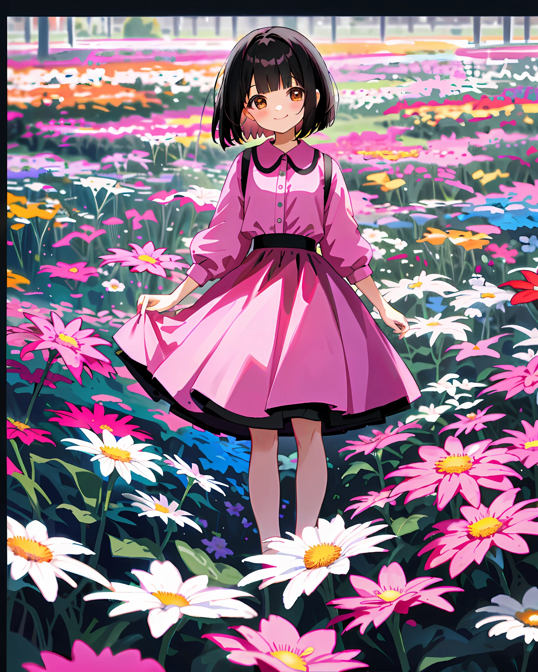 black hair, bob hair, girl, one, pink clothes, black skirt, flower garden, innocent smile, brown eyes, cute, 4k, high quality, two-dimensional