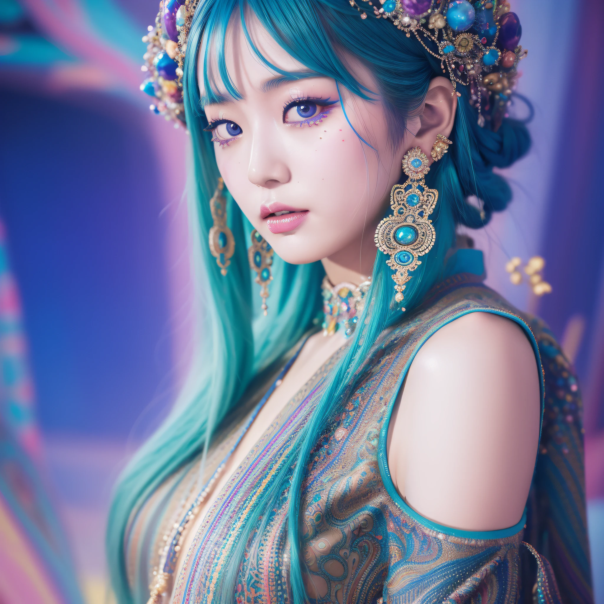 RAW Photo, A psychedelic dream vision of a beautiful Korean queen, blue hair, long dress, (psychedelic patterns), fantasy, (high detailed skin:1.2), intricate details, depth of field, 8k uhd, dslr, soft lighting, high quality, film grain, Fujifilm XT3