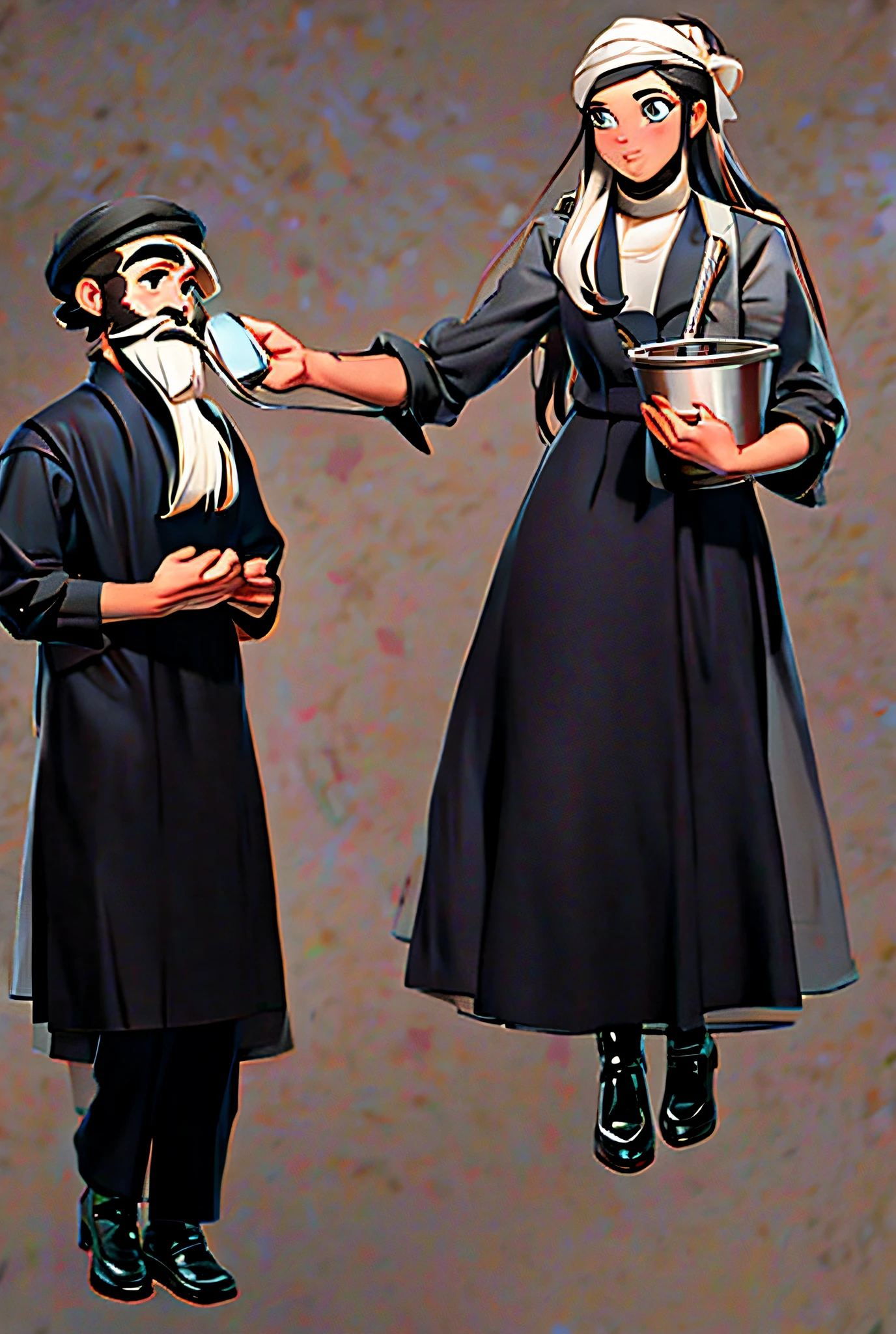 A bearded man with a woman holding his beard and holding a bucket, on a realistic seabed