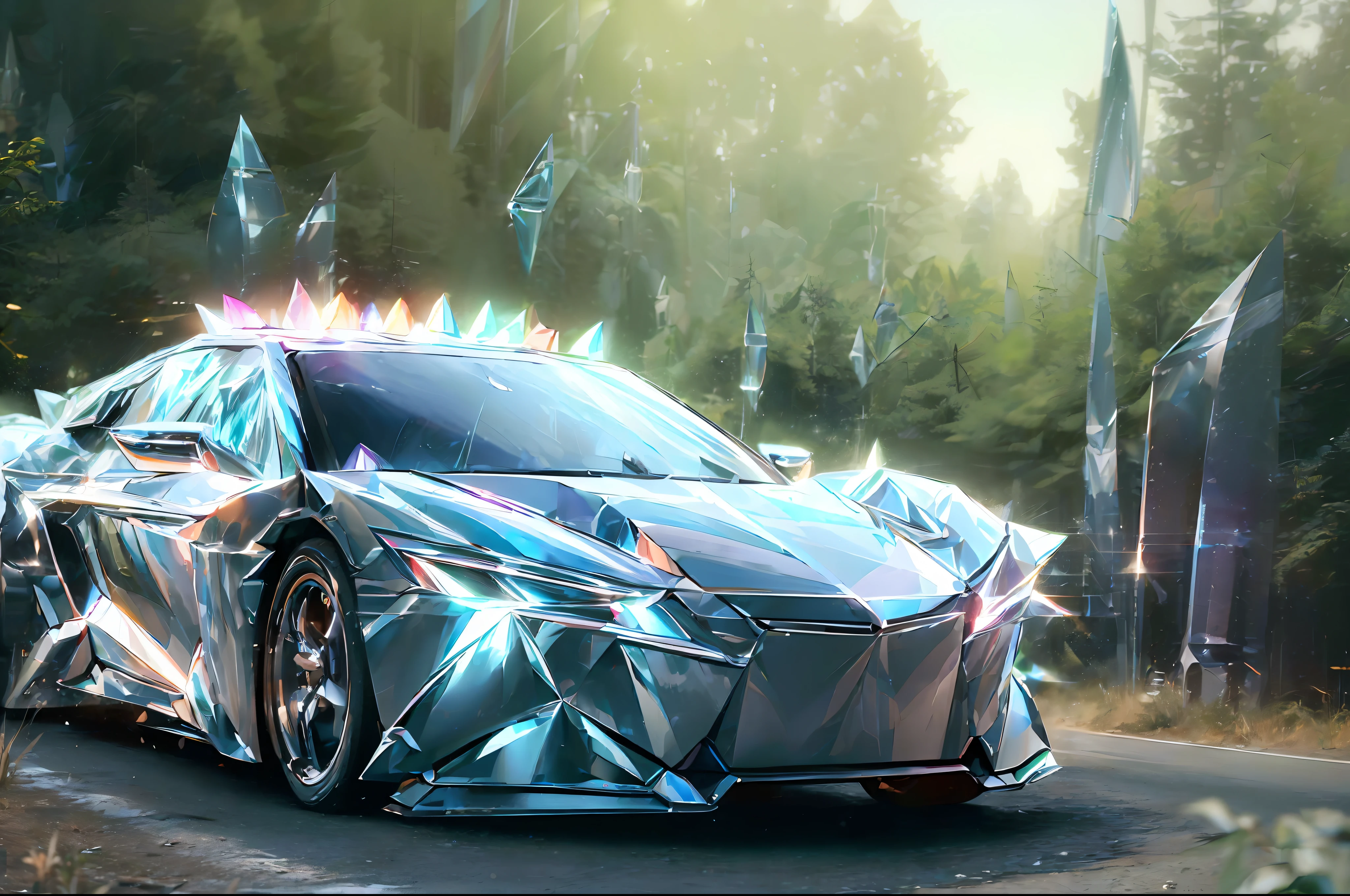 (Modern hi-tech crystallineAI Super car:1.4), riding on the old road, smoke into the wheels, ((very dynamic scene)), drifting, glowing, wonderful forest on the background, (photorealistic:1.5), (high quality:1.5), (masterpiece:1.5)