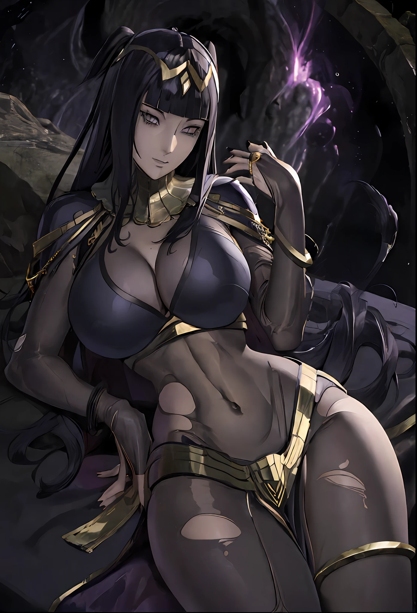 ((masterpiece:1.2)), best quality, ((extreme detail)),(ultra-detailed), anime screencap, extremely, detailed, CG, 3d, unity, 8k, wallpaper, blunt bangs, hime cut, tharja, tharja(fire emblem), (black eyes), black hair, long hair, looking at viewer, (large breasts), gold loincloth, gold-lined bodystocking, gold hairband, gold collar, holding book, ((torn clothes)), lying, hand to own chin, looking at viewer, ((dark aura)), (dark energy), (black magic), evil smile, wide hips, (((official art))), (half closed eyes), (full body view), ((large breasts)), ((grin)), thick thighs,