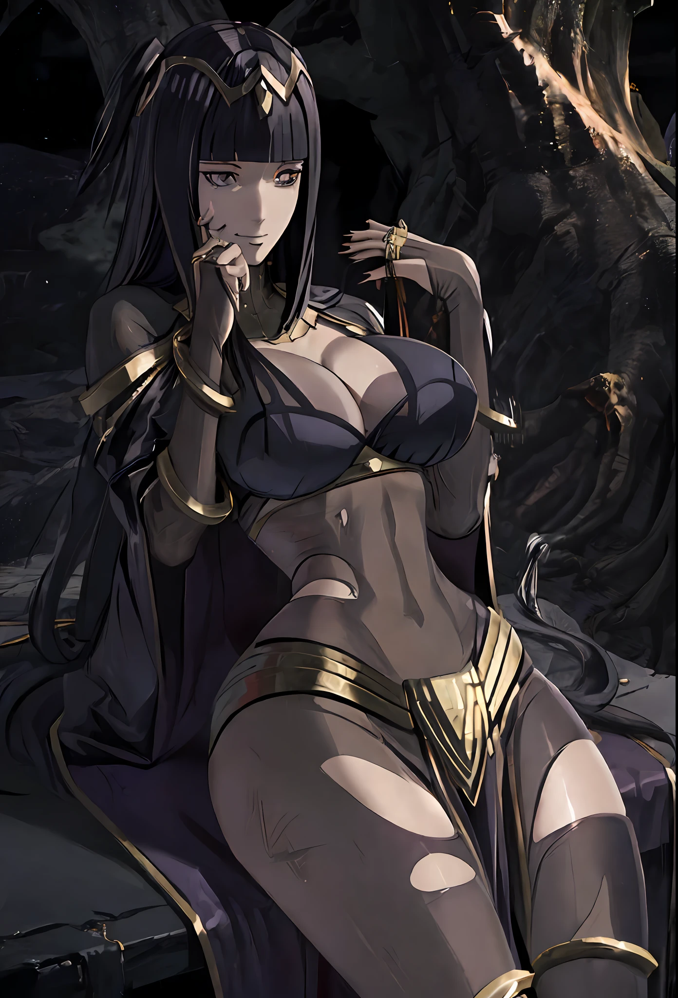 ((masterpiece:1.2)), best quality, ((extreme detail)),(ultra-detailed), anime screencap, extremely, detailed, CG, 3d, unity, 8k, wallpaper, blunt bangs, hime cut, tharja, tharja(fire emblem), (black eyes), black hair, long hair, looking at viewer, (large breasts), gold loincloth, gold-lined bodystocking, gold hairband, gold collar, holding book, ((torn clothes)), lying, hand to own chin, looking at viewer, ((dark aura)), (dark energy), (black magic), evil smile, wide hips, (((official art))), (half closed eyes), (full body view), ((large breasts)), ((grin)), thick thighs,