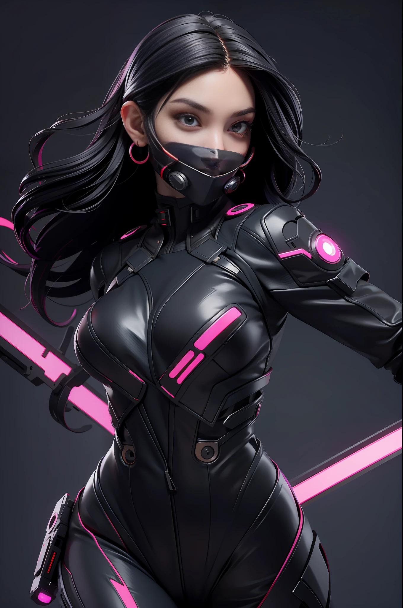 solo, super fine photo, portrait Unreal Engine 5 8K UHD of beautiful and aesthetic girl (girl: 1.3), gorgeous, black short wavy hair, red and black color scheme tight cybernetic latex catsuit, cyberpunk assassin, cyberpunk full face mask, earrings, cybernetic long heel, cybernetic long glove, futuristic design, purple neon lights details, beautiful make up, best quality, masterpiece, official art, unified 8k wallpaper, super detailed, sharp focus, dynamic pose, body parts