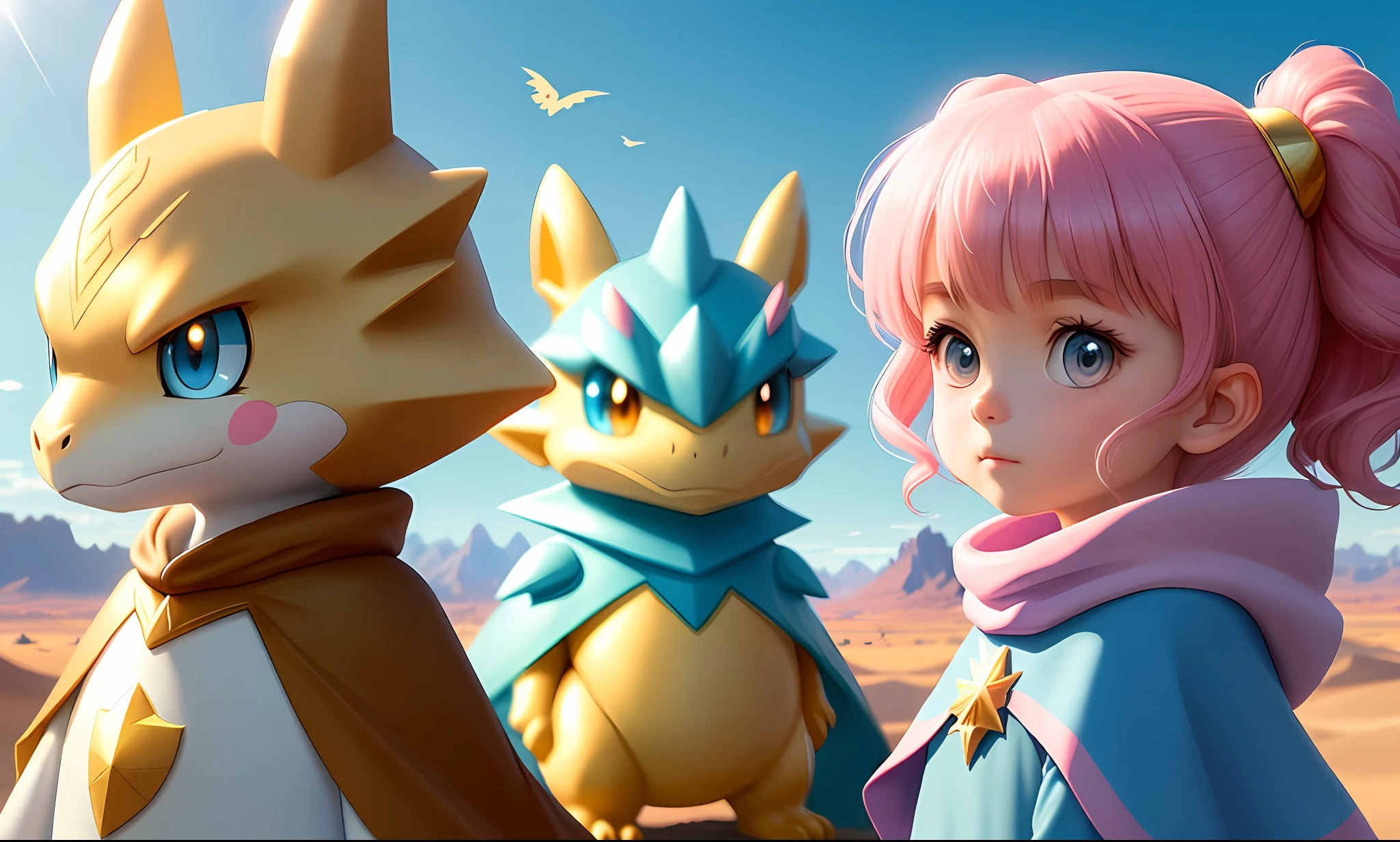 (((Best Quality))), a cute dragon next to a mysterious little girl in a cape, crystal eyes, golden all over, desert, light blue sky, fresh color, Pokemon style