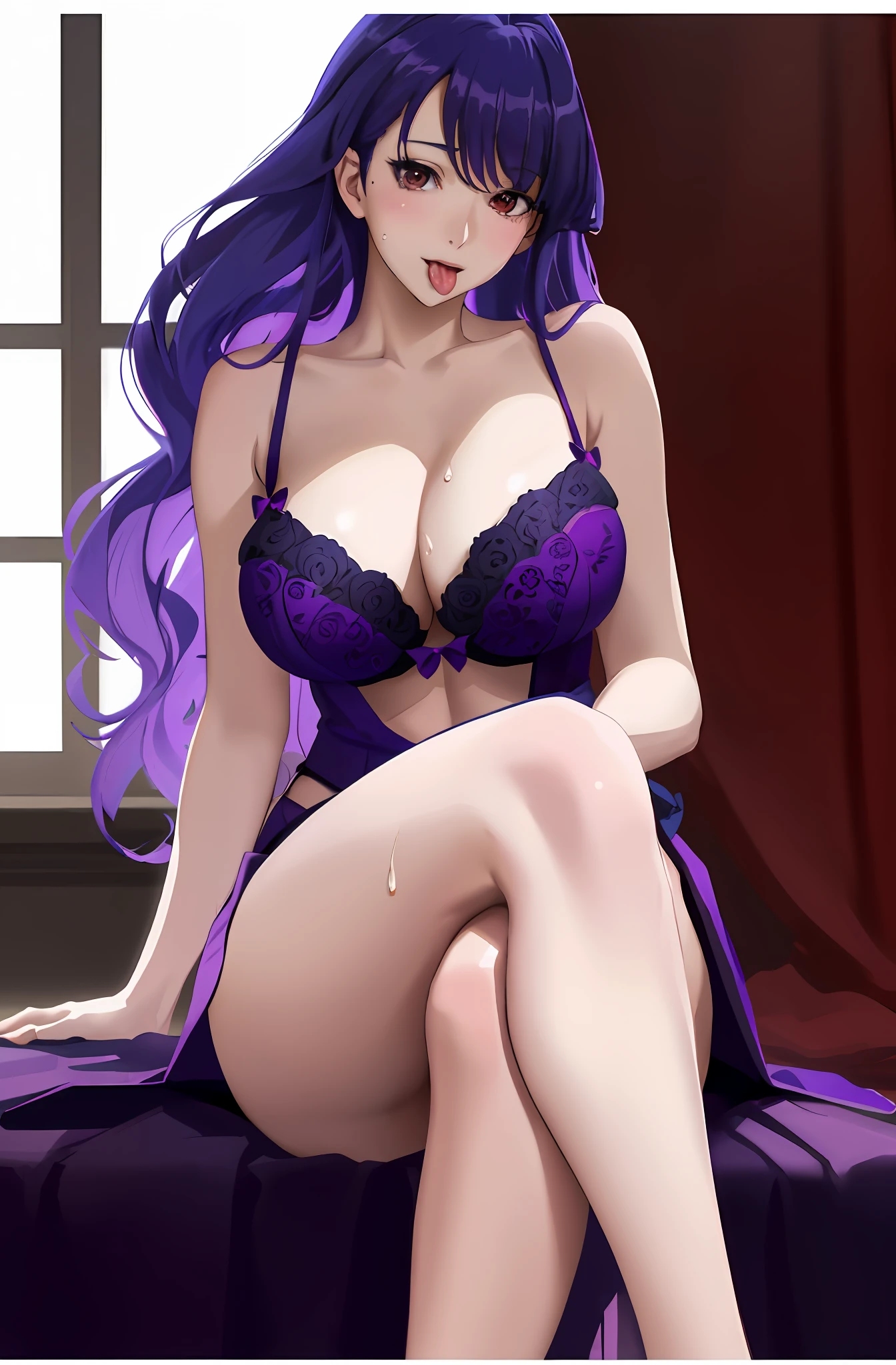 a close up of a person sitting on a bed with a purple dress, seductive anime girl, beautiful alluring anime woman, anime moe artstyle, shalltear from overlord, beautiful alluring anime teen, smooth anime cg art, misato katsuragi, anime goddess, made with anime painter studio, huge breasts,contemptuous face,best quality, ultra high res, (photorealistic:1.4), 8k resolution, girl, (brown random hair:1.3), (realistic hair:1.2), (Korean girl:1.2), (realistic eyes:1.2), (beauty face:1.3), perfect body, white pale skin, big breast, cleavage, (tongue out and mouth open:1.2), (eyes looked up:1.3), (wet body and thong:1.2), super wet body by the white liquid