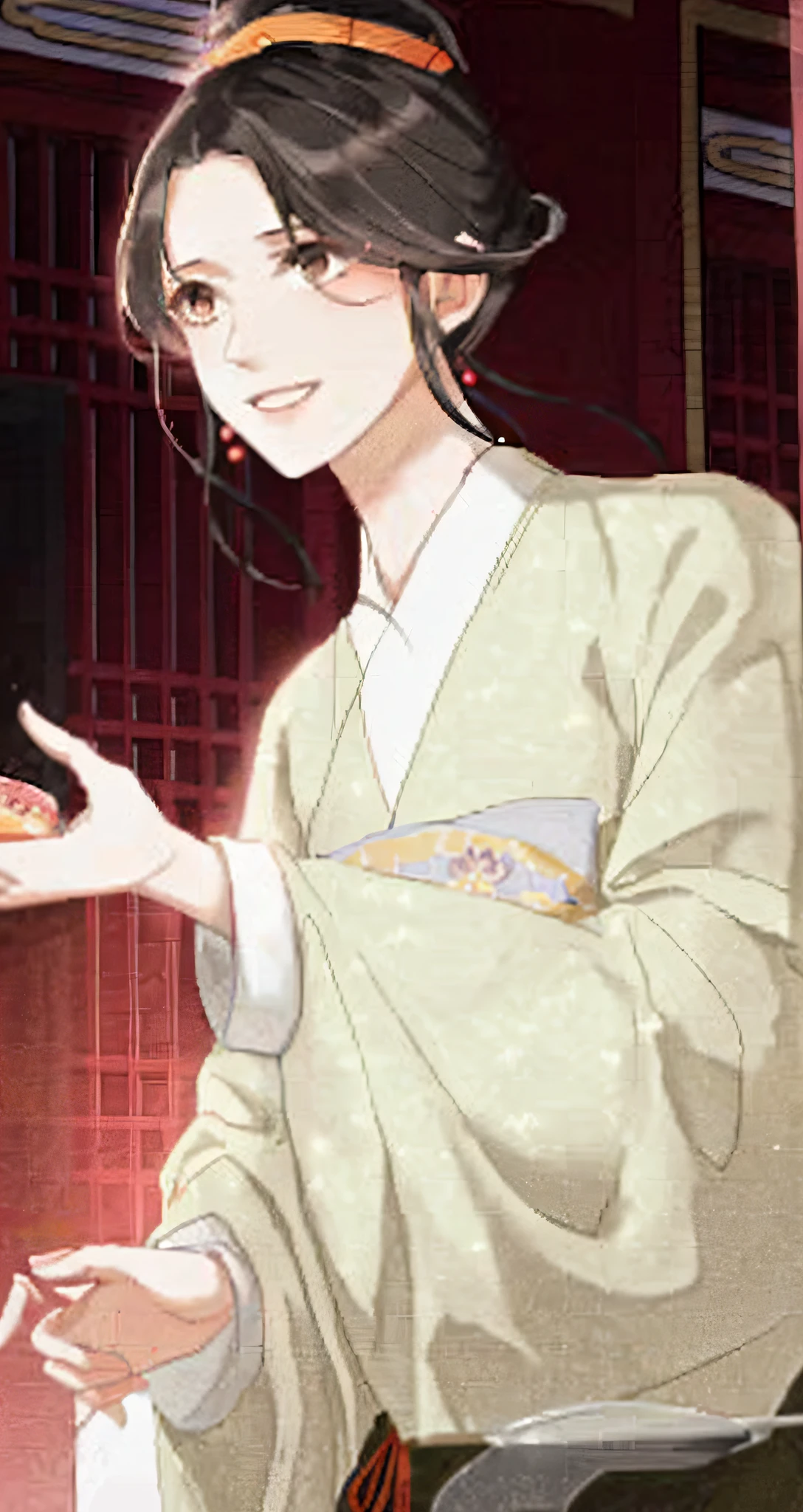 anime girl in a kimono outfit holding a plate of food, from sengoku period, ((wearing aristocrat robe)), palace ， a girl in hanfu, inspired by Nishikawa Sukenobu, in kimono, wearing a haori, shinsui ito, inspired by Miyagawa Shunsui, flowing hair and long robes, in a kimono --auto --s2