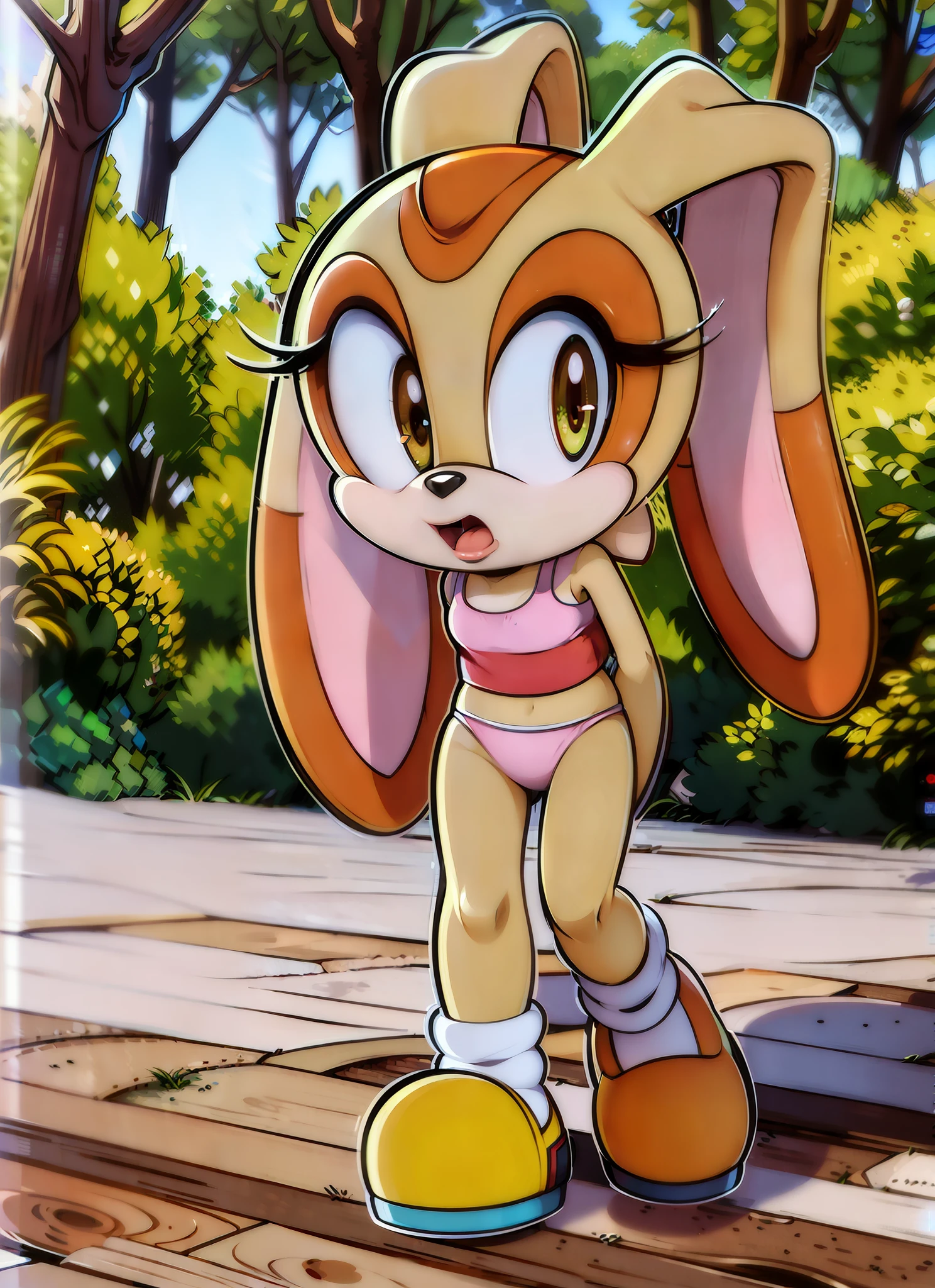 "(((masterpiece))),4k resolution,extremely delicate and beautiful,dynamic angle and pose,(1girl), animal nose, Cream the rabbit,withe sport bra, white panties, sfw, (( thin )), 6 years old girl, (( thin legs )), alone, looking at viewer, in a forest,