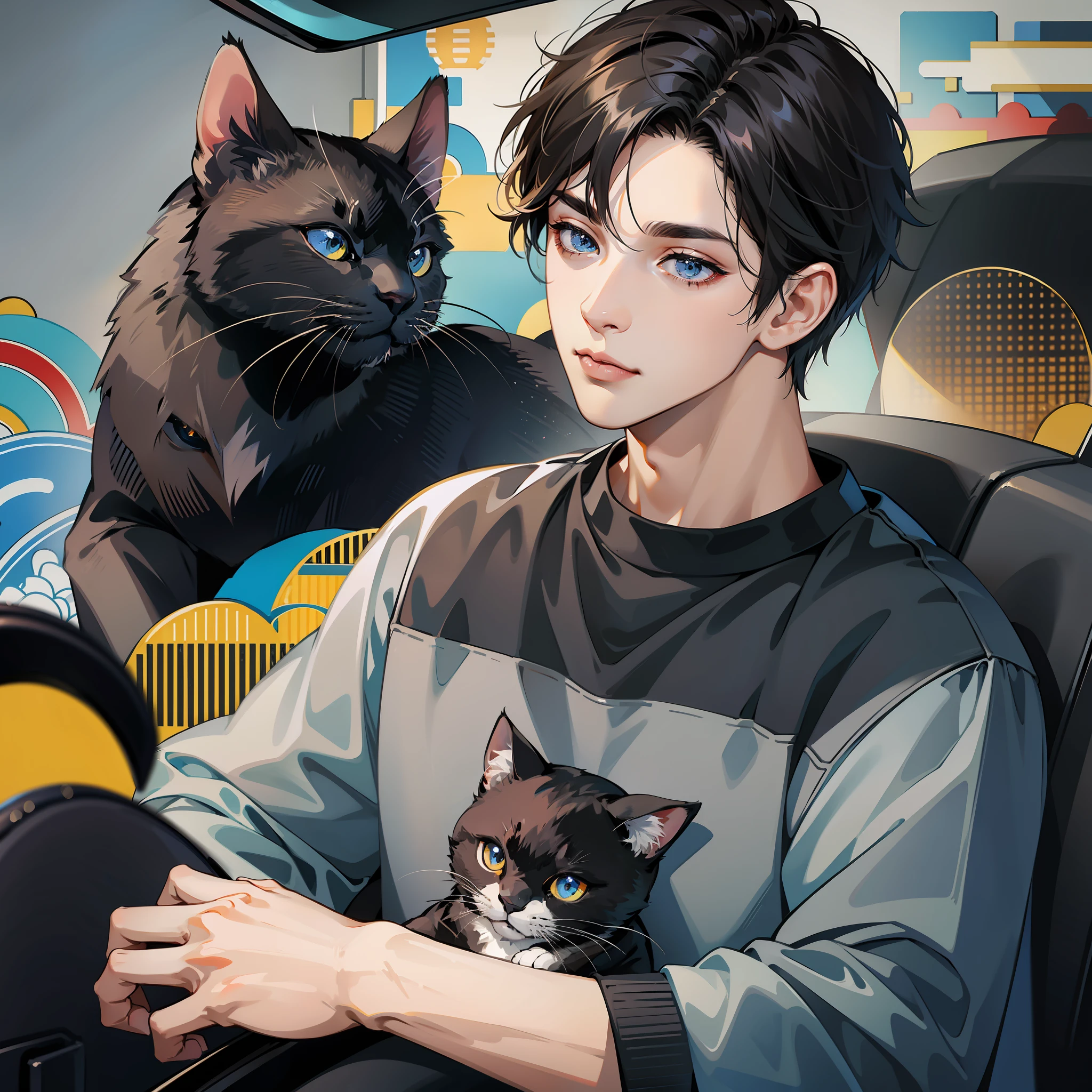 Male, short black hair, delicate face, black sweatshirt (cat pattern), car interior background
