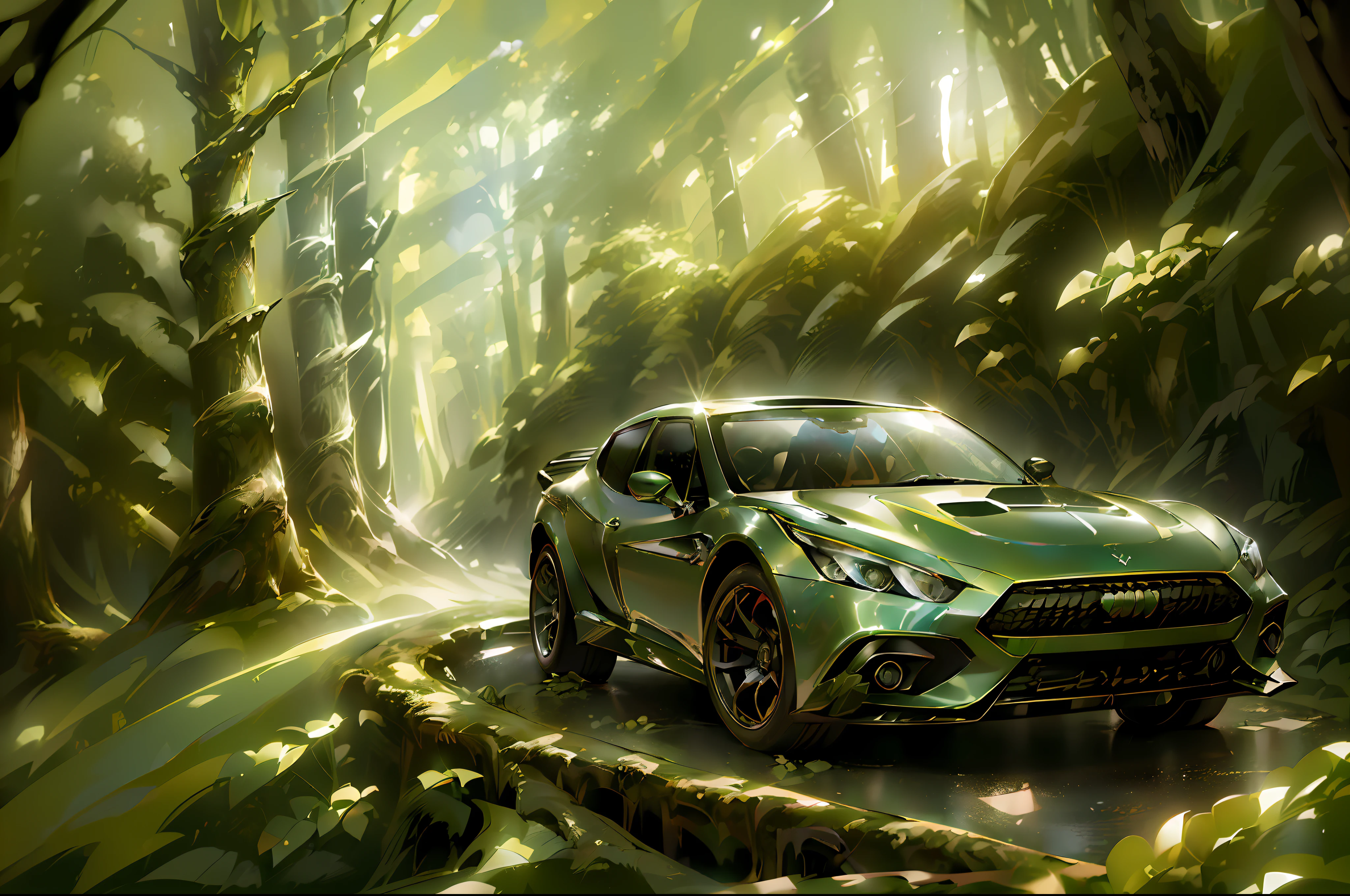 (Modern hi-tech mirkw00d Super car:1.4), riding on the old road, smoke into the wheels, ((very dynamic scene)), drifting, glowing, wonderful forest on the background, (photorealistic:1.5), (high quality:1.5), (masterpiece:1.5), (mirkw00d:1.5)