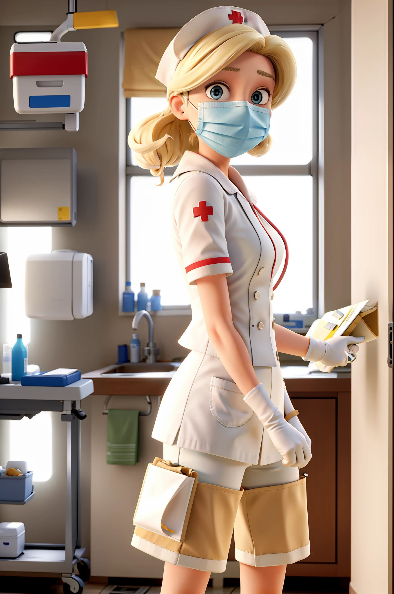 Masterpiece, best quality, blonde female nurse, wearing gloves in hospital wearing surgical mask, torn white nurse outfit, tattered clothes, exposed shoulders