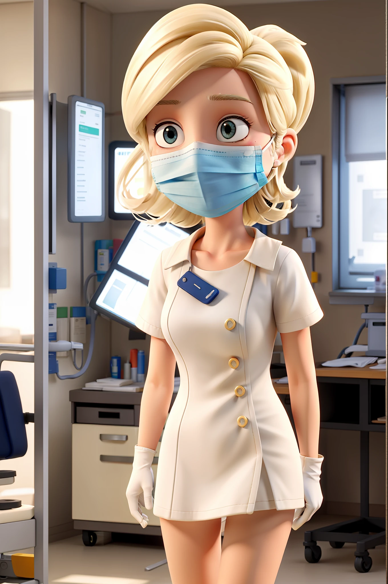 Masterpiece, best quality, blonde female nurse, wearing gloves in hospital wearing surgical mask, torn white nurse outfit, tattered clothes, exposed shoulders