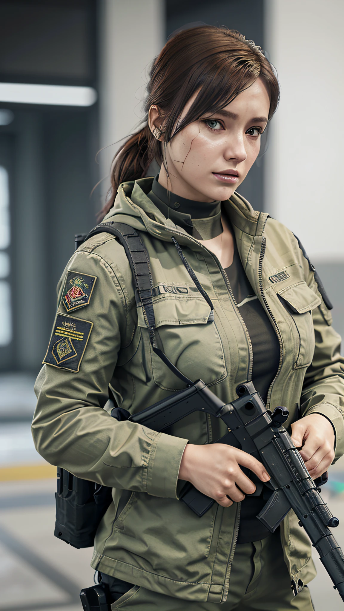 Escape from Tarkov, female, realistic, war businessman, slight scar on face, stunning beauty, bust photo, Unreal 5 engine, looming, holding a firearm, firearms integrity, submachine gun. --auto --s2