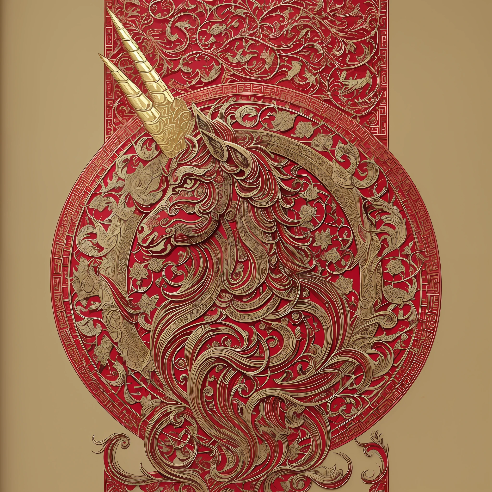 The standing red box has a gilded unicorn, intricate devil design, high detail printing, very intricate hyper-detail, fine illustration, Chinese Traditional, Chinese unicorn --auto --s2