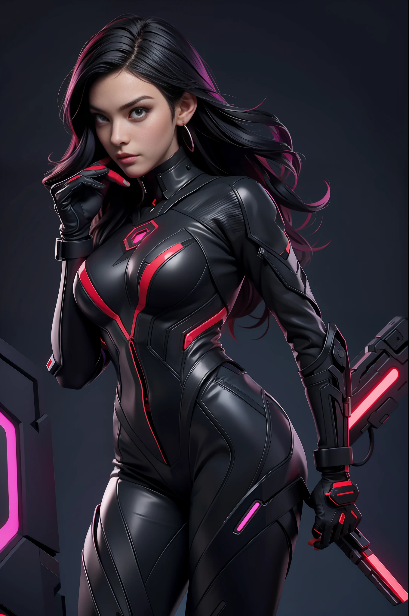 solo, super fine photo, portrait Unreal Engine 5 8K UHD of beautiful and aesthetic girl (girl: 1.3), gorgeous, black short wavy hair, red and black color scheme tight cybernetic latex catsuit, cyberpunk assassin, cyberpunk full face mask, earrings, cybernetic long heel, cybernetic long glove, futuristic design, purple neon lights details, beautiful make up, best quality, masterpiece, official art, unified 8k wallpaper, super detailed, sharp focus, dynamic pose, body parts