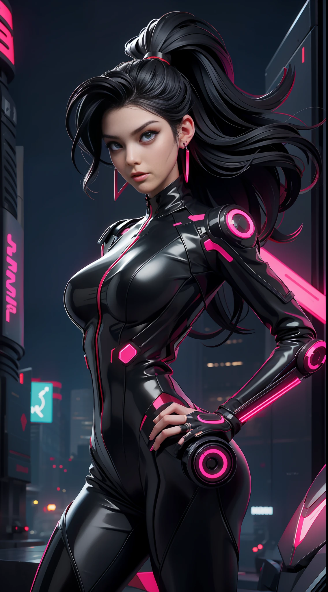 solo, super fine photo, portrait Unreal Engine 5 8K UHD of beautiful and aesthetic girl (girl: 1.3), gorgeous, black short wavy hair, red and black color scheme tight cybernetic latex catsuit, cyberpunk assassin, cyberpunk full face mask, earrings, cybernetic long heel, cybernetic long glove, futuristic design, purple neon lights details, beautiful make up, best quality, masterpiece, official art, unified 8k wallpaper, super detailed, sharp focus, dynamic pose, body parts