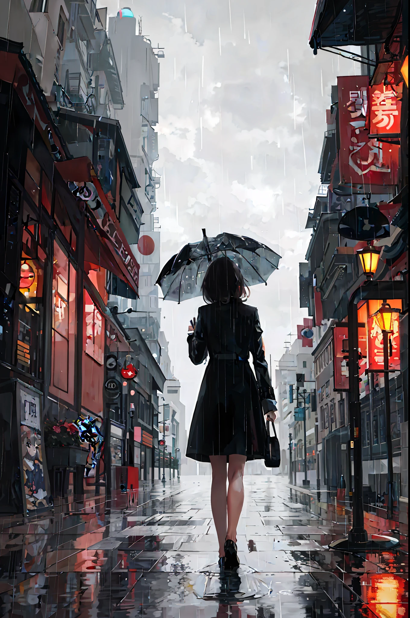 masterpiece,best quality,1girl, city,landscape,rain,umbrella,from behind