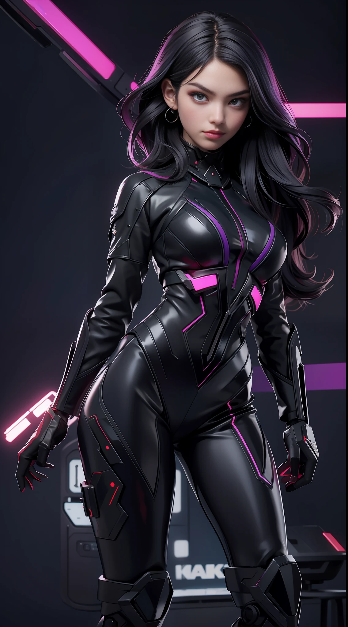 solo, super fine photo, portrait Unreal Engine 5 8K UHD of beautiful and aesthetic girl (girl: 1.3), gorgeous, black short wavy hair, red and black color scheme tight cybernetic latex catsuit, cyberpunk assassin, cyberpunk full face mask, earrings, cybernetic long heel, cybernetic long glove, futuristic design, purple neon lights details, beautiful make up, best quality, masterpiece, official art, unified 8k wallpaper, super detailed, sharp focus, dynamic pose, body parts