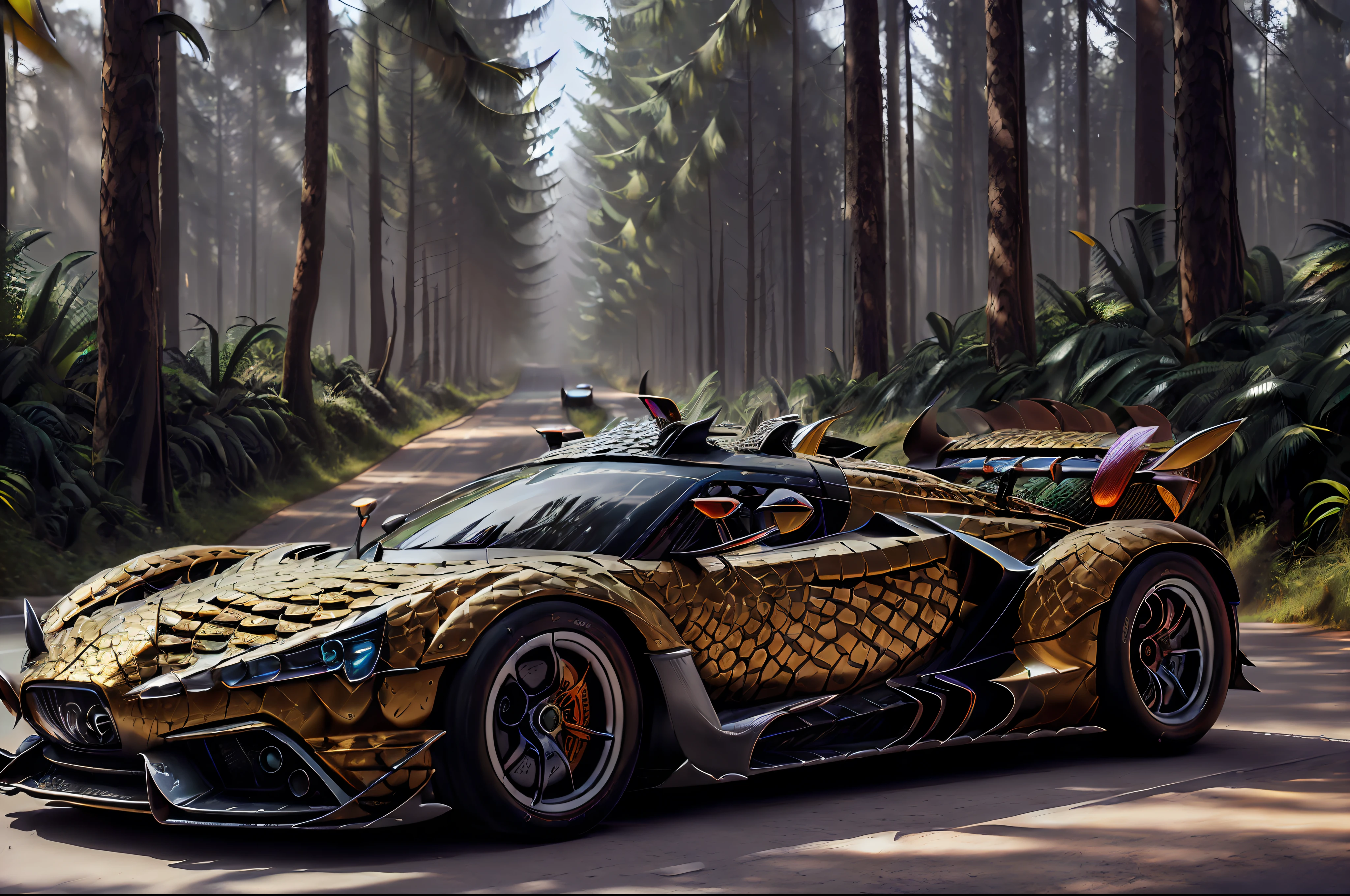 (Modern hi-tech Dr490nSc4leAI Super car:1.4), riding on the old road, smoke into the wheels, ((very dynamic scene)), drifting, glowing, wonderful forest on the background, (photorealistic:1.5), (high quality:1.5), (masterpiece:1.5)