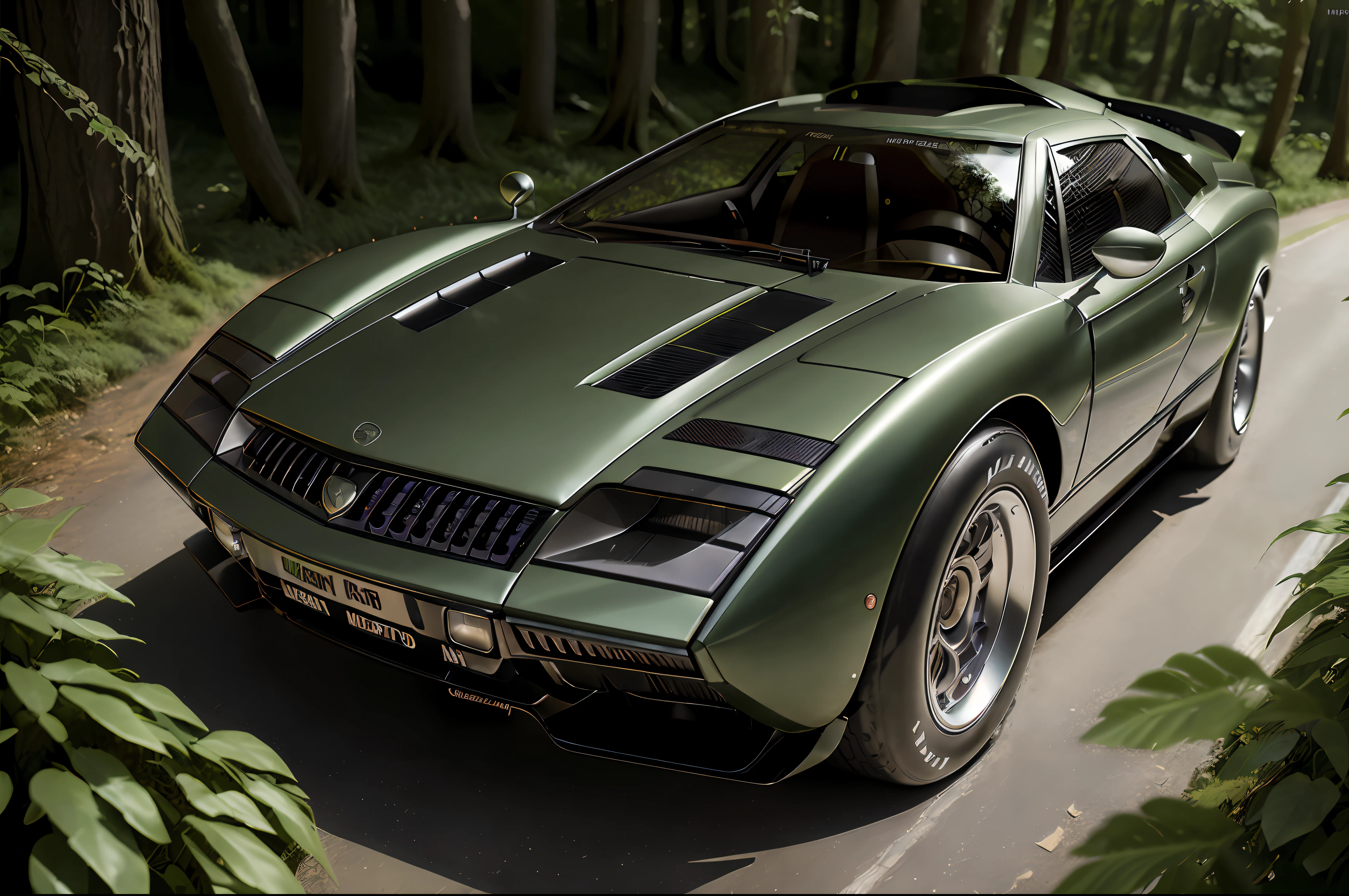 (Modern hi-tech mirkw00d Super car:1.4), riding on the old road, smoke into the wheels, ((very dynamic scene)), drifting, glowing, wonderful forest on the background, (photorealistic:1.5), (high quality:1.5), (masterpiece:1.5)