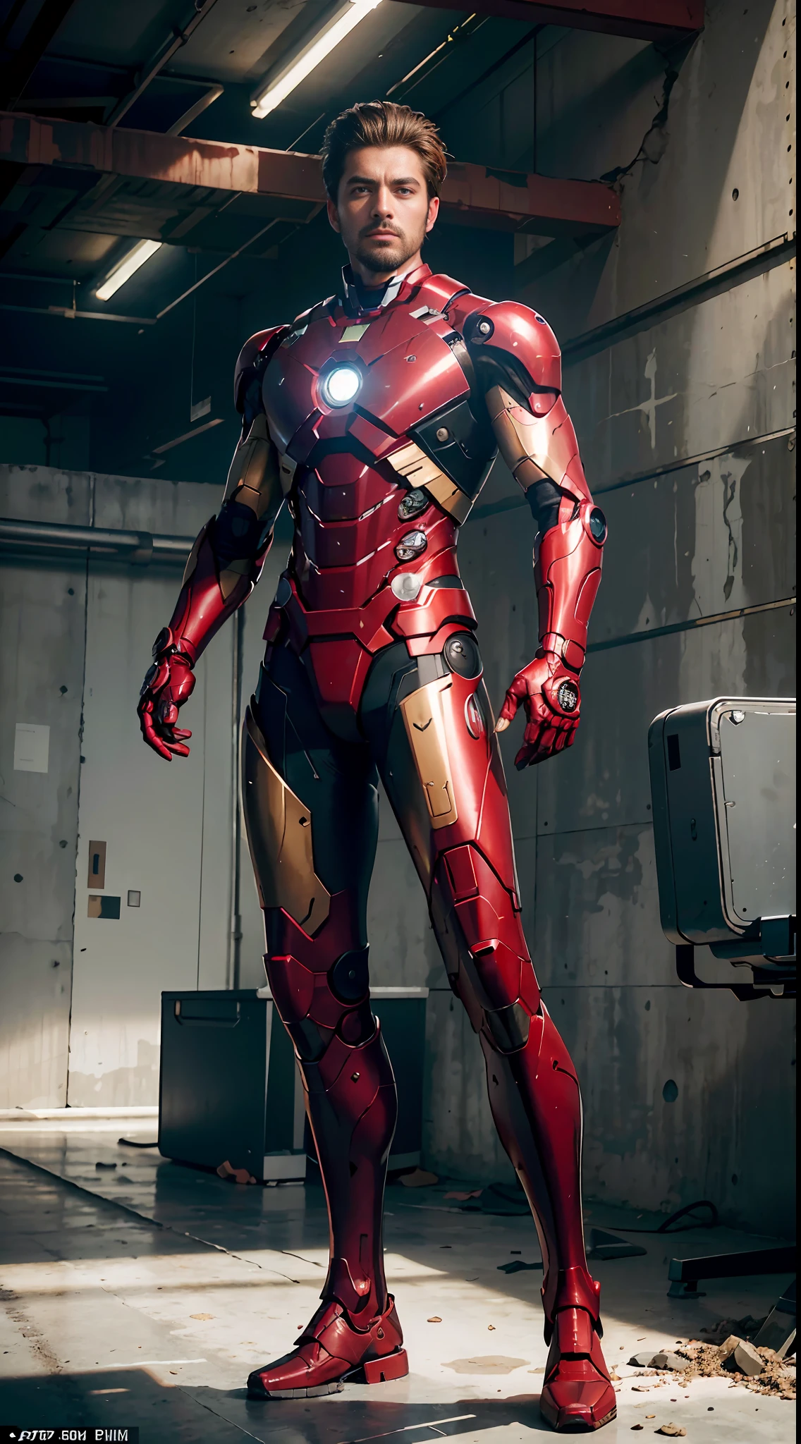 RAW, Masterpiece, Super Fine Photo, Man, Short Hair, Vicissitudes of Face, Best Quality, Ultra High Resolution, Photorealistic Photorealism, Sunlight, Full Body Portrait, Battle Posture, Palm Plasma Cannon Launch, He Wears Futuristic Iron Man Mech, Red and Gold Color Scheme, Very Detailed Abandoned Warehouse Background, Realistic Skin Details, Visible Pores, Sharp Focus, Volume Fog, 8K UHD, DSLR Camera, High Quality, Film Granularity, Fair Skin, Photo Realism, Ruins of War, Armageddon