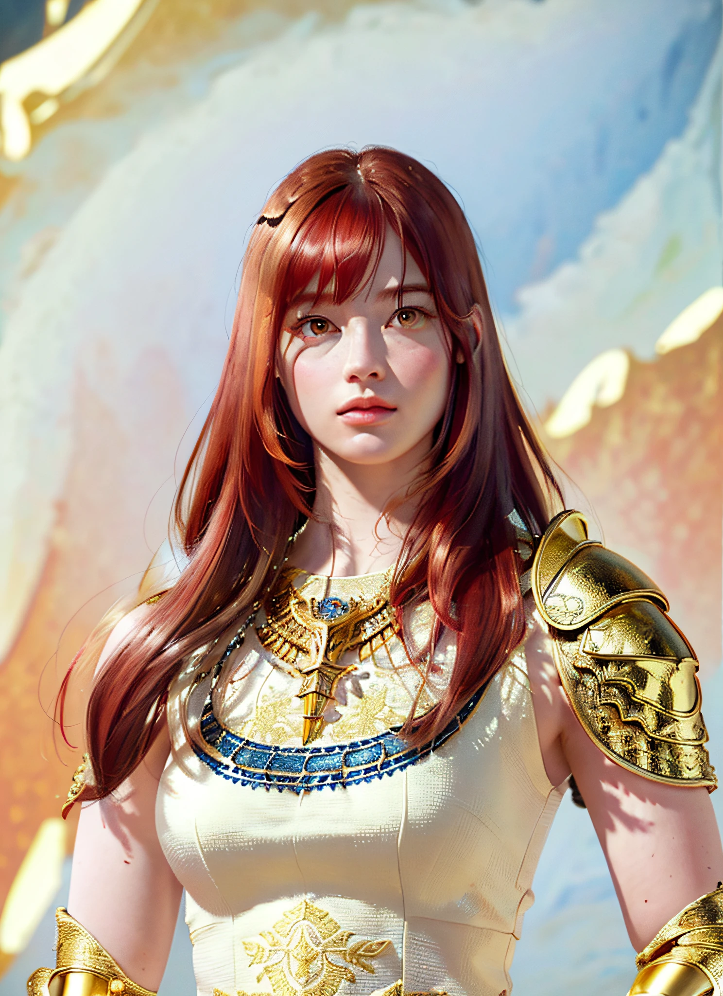 (Realistic, Portrait: 1.3), Intricate Details, Colossal, Sexy Swimsuit, (Ultrareal), (Illustration), (High Resolution), (8K), (Very Detailed), (Best Illustration), (Beautiful Detailed Eyes), (Best Quality), (Ultra Detailed), Intricate Detail Jewels (Detailed Women's Armor: 1.3), (Gorgeous Gold Armor: 1.2), 1 Girl, Solo, Long Hair, Wind, Gorgeous Face, Top quality, masterpiece, maximum detail, diffused lighting, (redhead: 1.3), Valhalla Valkyrie, mechanical arm,