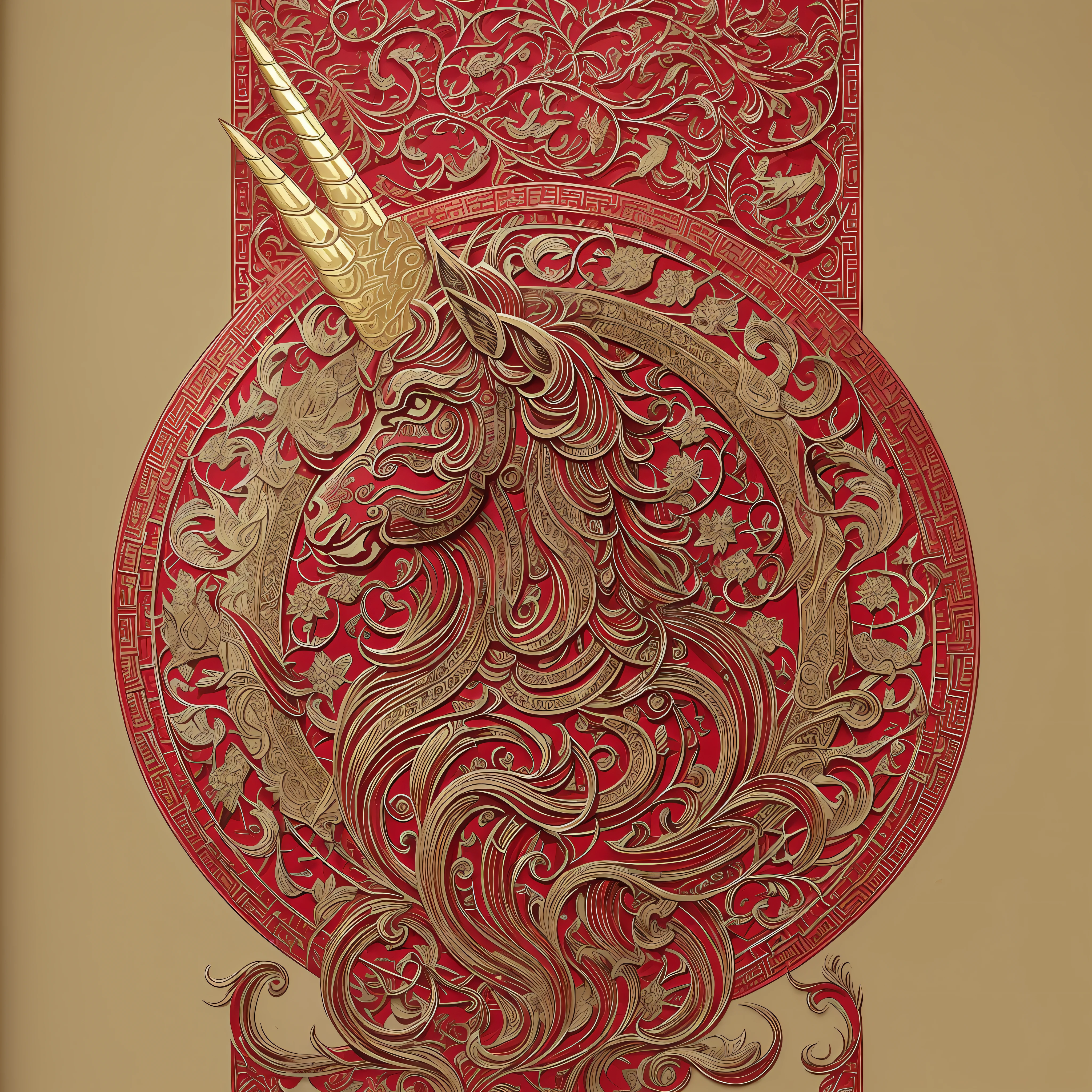 The standing red box has a gilded unicorn, intricate devil design, high detail printing, very intricate hyper-detail, fine illustration, Chinese Traditional, Chinese unicorn --auto --s2