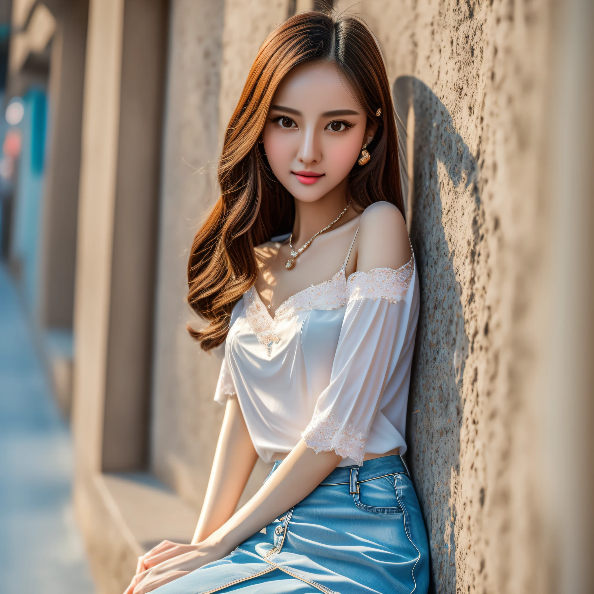 Fashion trendy beautiful and charming woman, gentle and charming Chinese beautiful woman, delicate and sexy collarbone, charming oval face, double eyelids, smart peach blossom eyes, pink lips, small nose, bare shoulders, focus on the face, close-up of the face, Ultra-high-definition, super-detailed, full-body photo, ultra-thin and light-transmitting, with this light blue denim skirt and beige T-shirt, the gentle light-colored matching makes the skin white and beautiful, and the temperament is outstanding, plus the whole matching is elastic The combination also shows the figure, and can be seen through --auto --s2