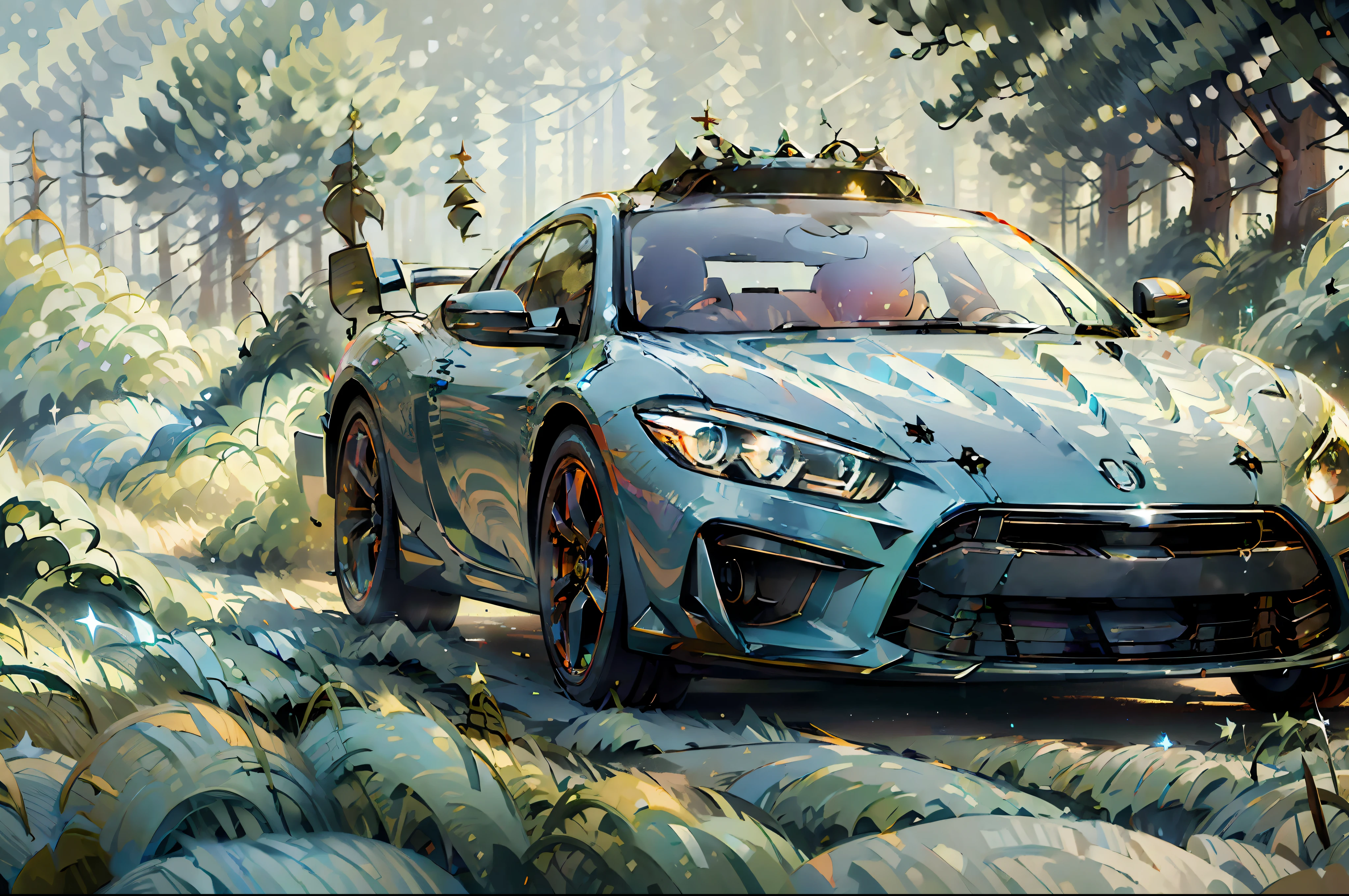 (Modern hi-tech Super car:1.4), riding on the old road, smoke into the wheels, ((very dynamic scene)), drifting, glowing, wonderful forest on the background, (photorealistic:1.5), (high quality:1.5), (masterpiece:1.5)