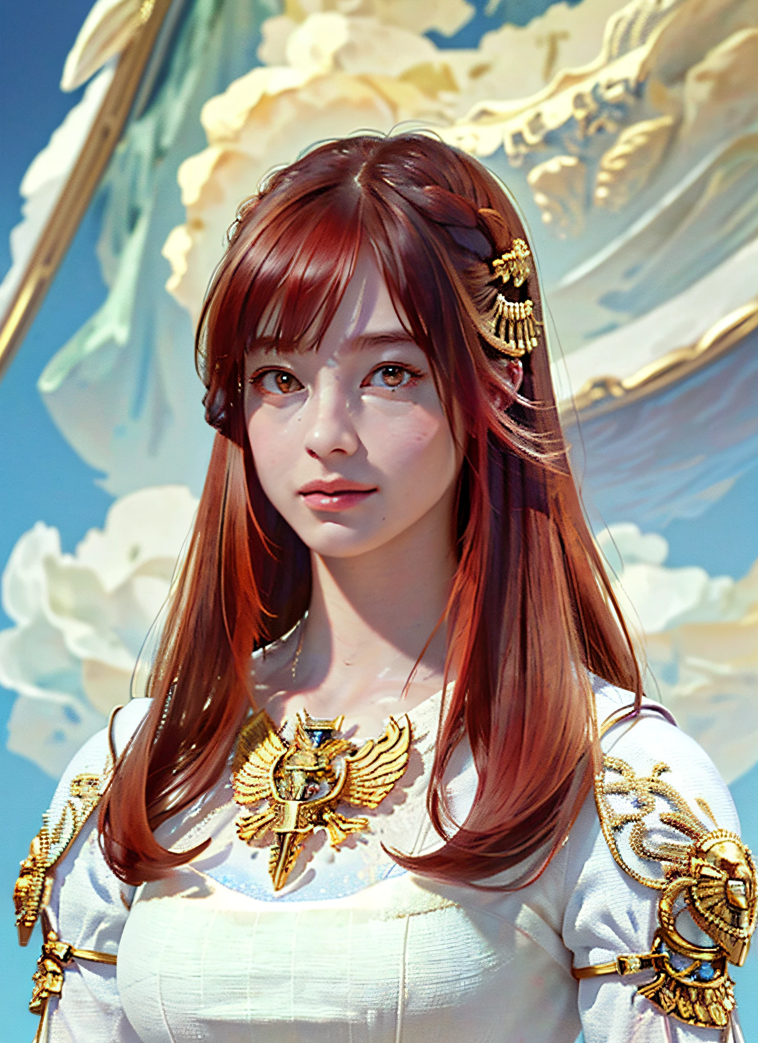 (Realistic, Portrait: 1.3), Intricate Details, Colossal, Sexy Swimsuit, (Ultrareal), (Illustration), (High Resolution), (8K), (Very Detailed), (Best Illustration), (Beautiful Detailed Eyes), (Best Quality), (Ultra Detailed), Intricate Detail Jewels (Detailed Women's Armor: 1.3), (Gorgeous Gold Armor: 1.2), 1 Girl, Solo, Long Hair, Wind, Gorgeous Face, Top quality, masterpiece, maximum detail, diffused lighting, (redhead: 1.3), Valhalla Valkyrie, mechanical arm,