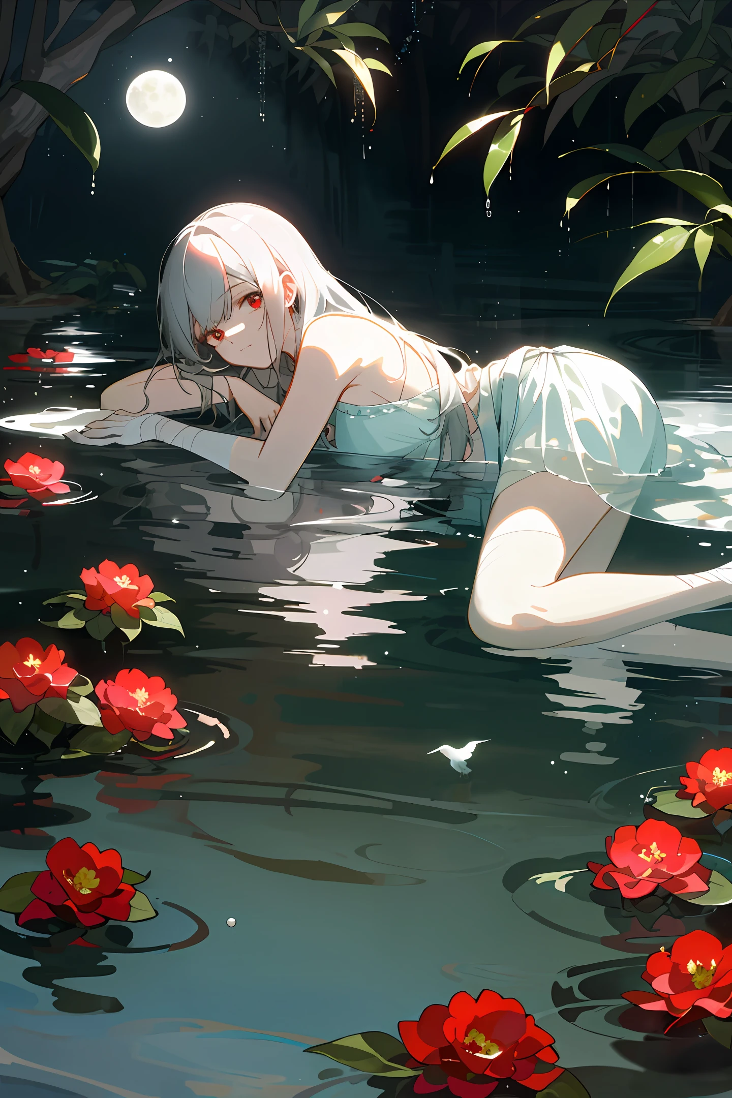 girls, ((best picture quality)), (correct ratio), (excellent filter), light particles, lying in the water, camellias floating in the water, atmosphere lamp, Birds, long white dishevelled, wet hair, red eyes, (very detailed eyes), downcast, melancholy eyes, pure white, half-soaked sarong, bandaged hands and legs, with camellias in hand, the moonlight on the water, (details)