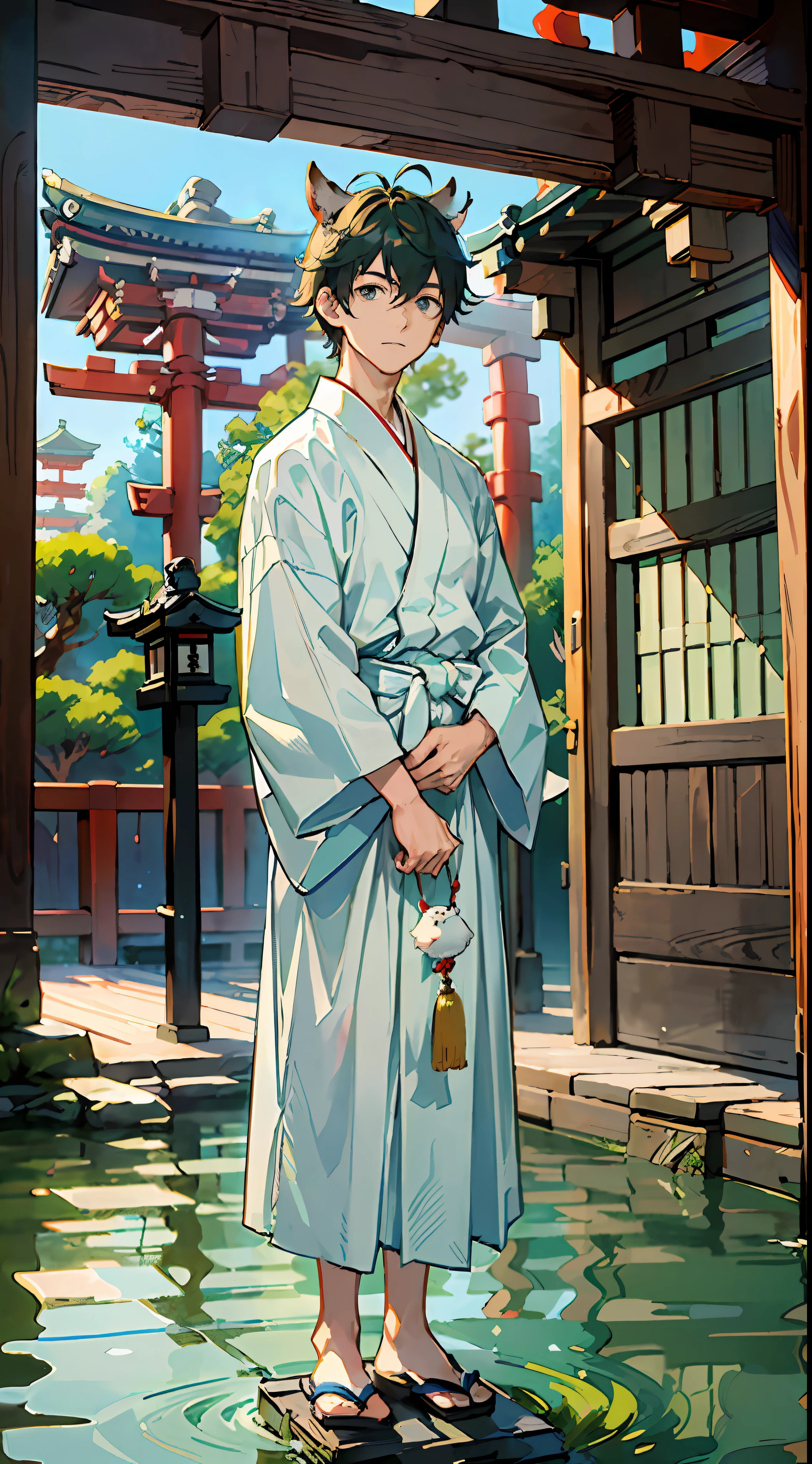 ((Masterpiece: 1.4, top quality)), one boy, green and short hair and eyes, (Japan Shinto priest, white and light blue hakama: 1.3), tanuki ears and tail, the background is a temple in Kyoto.