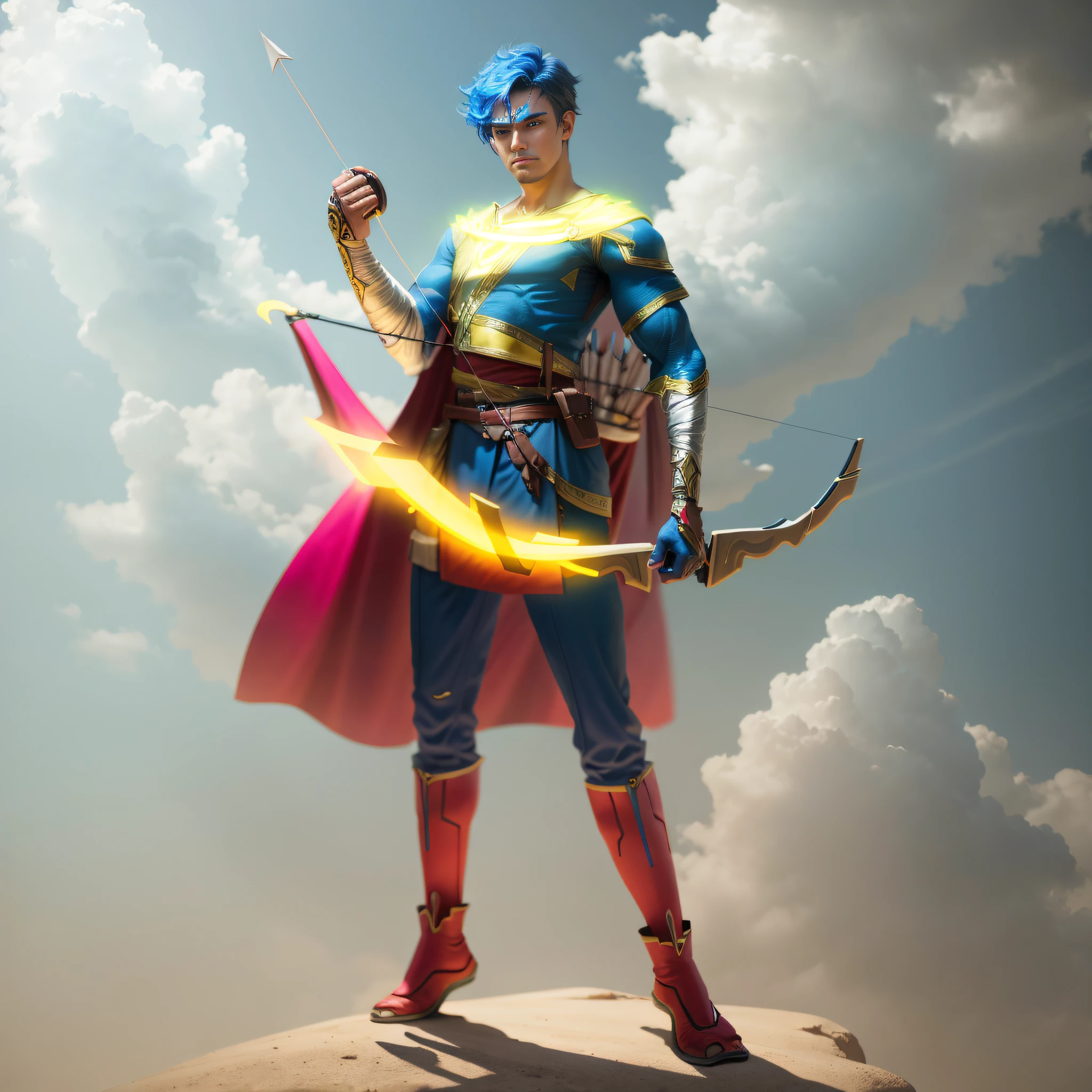A man archer, complex fantasy character holding a bow and arrow, powerful neon tight, aura of brilliant power, dynamic pose, universe, technology
