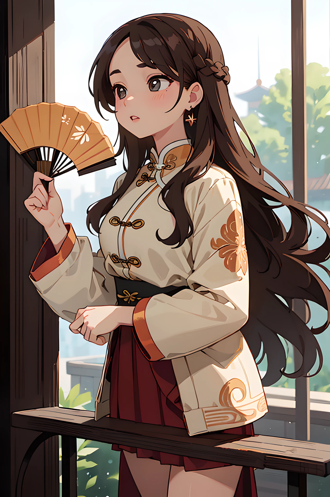 (masterpiece), (portrait), (aesthetic), (beautiful), (upper blody), (high quality), (aesthetic clothings), (professional angle), (rule of thirds), (Feminine), (woman), (female), (beautiful),(feminine features), (25 years), solo, 1 woman, (attractive Chinese), Spring, Soft light, (Standing), Glamorous Makeup, (Large bust), ((holding a Chinese Fan)), (Front face), (Confident expression), ((Bold, Elegant)), Tassel Earrings, ((Long hair)), (Brown hair), (Wavy hair), (Thick hair), Natural shine hair, (Hairpin in hair), (Brown eyes), (Sophisticated look), (Fair skin), (Embroidered clothing), (Qipao), (Jacket), (Skirt), Mandarin Collar neckline), ((Urban background)), (- in background), (Medium Shot shot), beautiful hands, two hands, normal hands, two arms, complete hands, beautiful body, beautiful fingers, normal fingers, five fingers, five fingers, (Thumb index meddle ring little fingers), beautiful ears, normal ears, beautiful eyes, shiny eyes, beautiful mouth, beautiful lips,