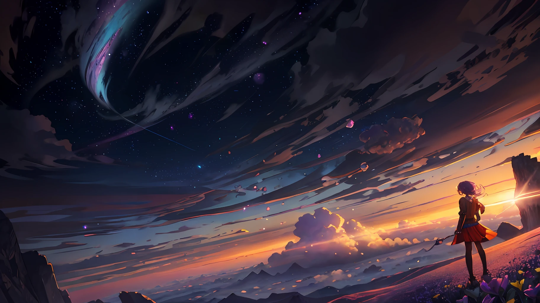 expansive landscape photograph , (a view from below that shows sky above and open field below), a girl standing on flower field looking up, bright sunny day (clouds:1.2), distant mountain, tree BREAK
production art, lot of purple and orange, intricate details, volumetric lighting, realism BREAK
(masterpiece:1.2), detailed shadows, (best quality), 4k, ultra-detailed, (dynamic composition:1.4), highly detailed, colorful details,( iridescent colors:1.2), (glowing lighting, atmospheric lighting), dreamy, magical, (solo:1.2)